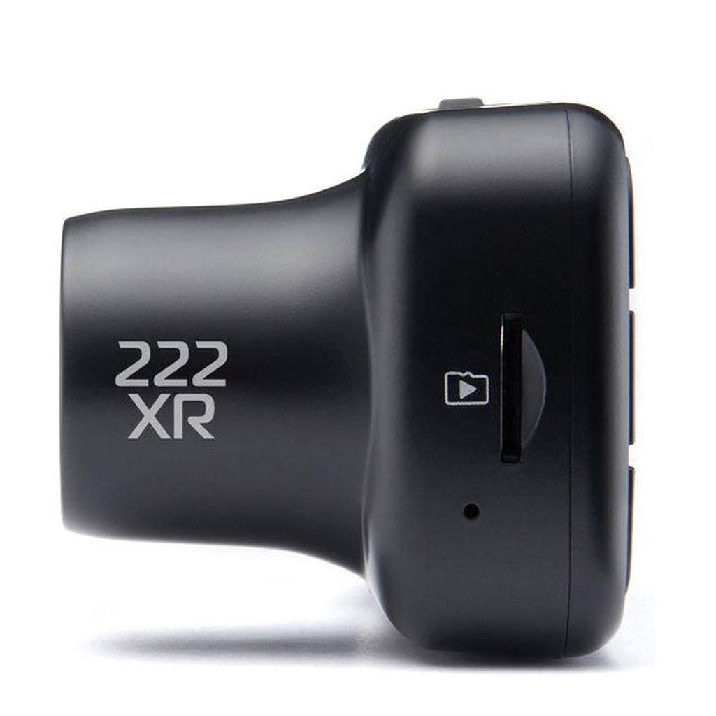 Zwarte 222 XR dashcam met SD-kaartsleuf en afspelen-icoon.