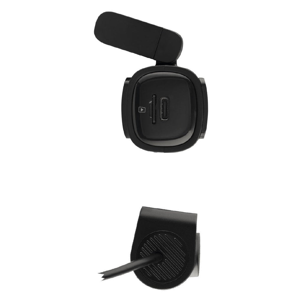 Deux vues d'une dashcam noire avec antenne et port.