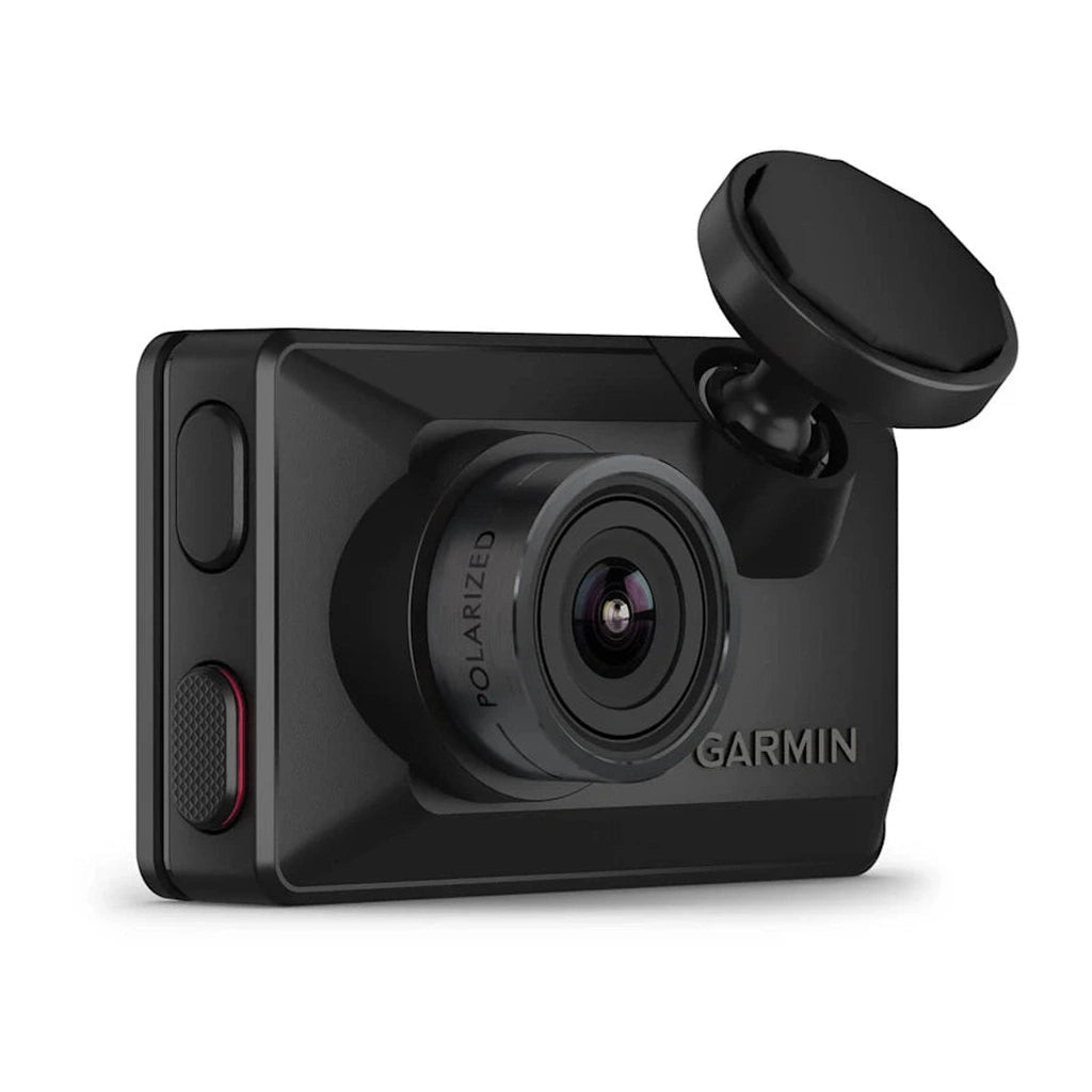 Schwarzes Garmin Dashcam mit polarisiertem Objektiv und Magnetfuß.