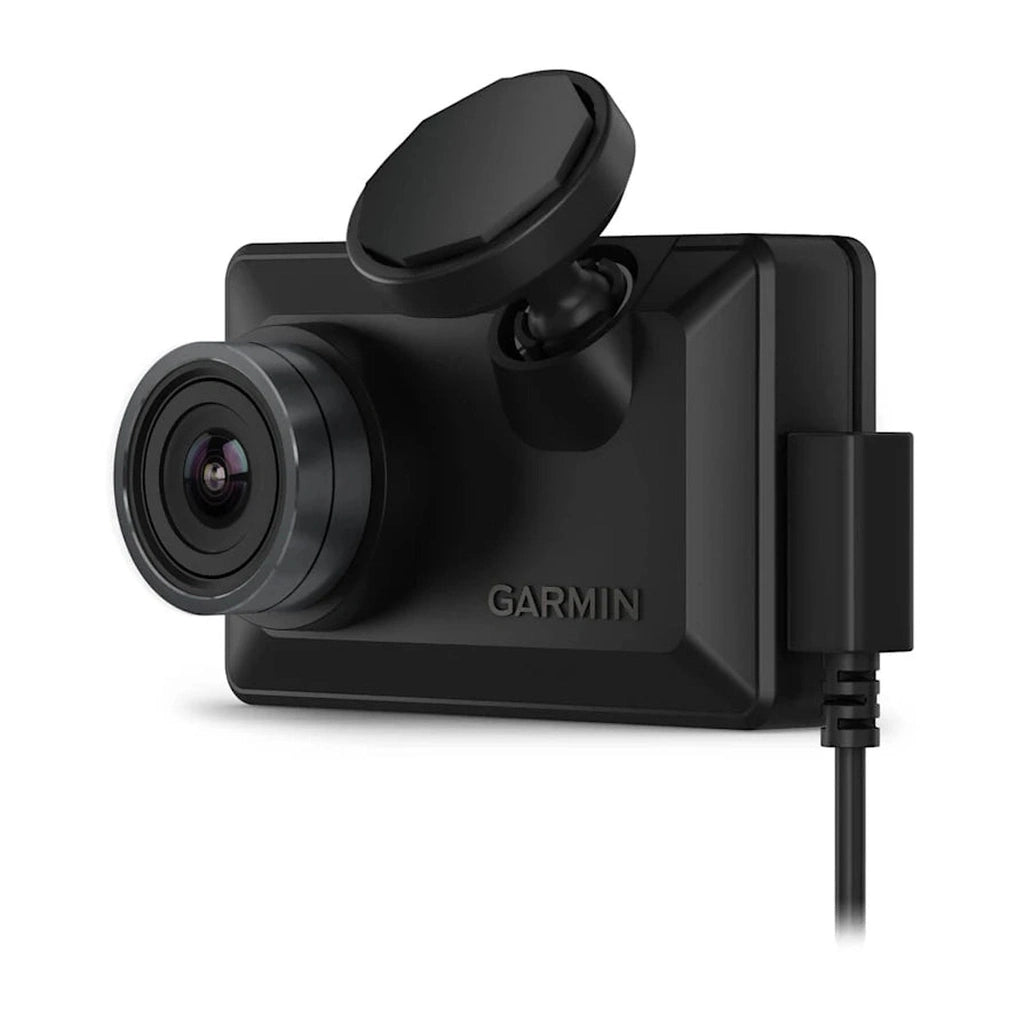 Schwarzer Garmin Dashcam mit drehbarem Objektiv und Ladekabel.