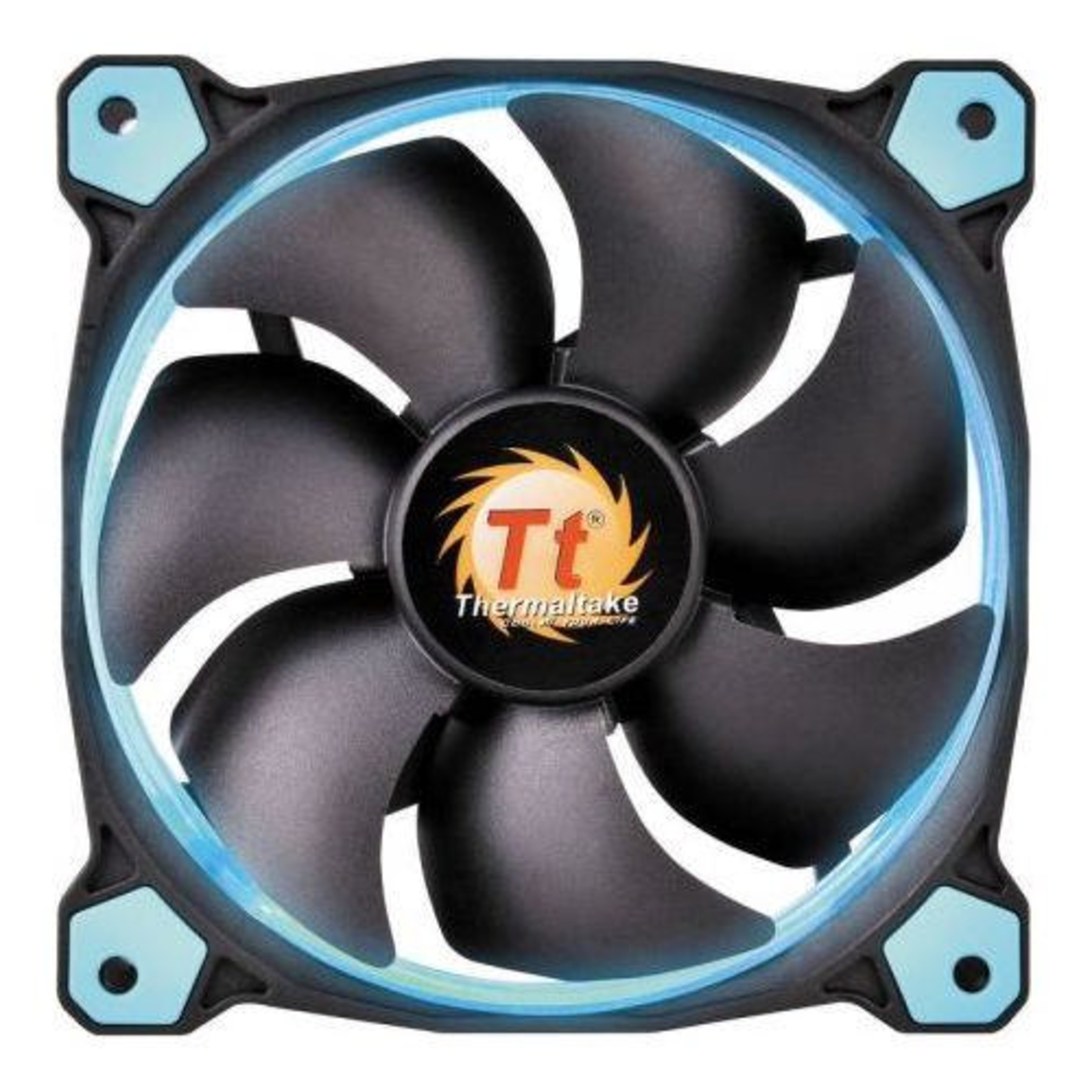 Mavi aydınlatmalı ve Thermaltake logolu siyah bir bilgisayar fanı.
