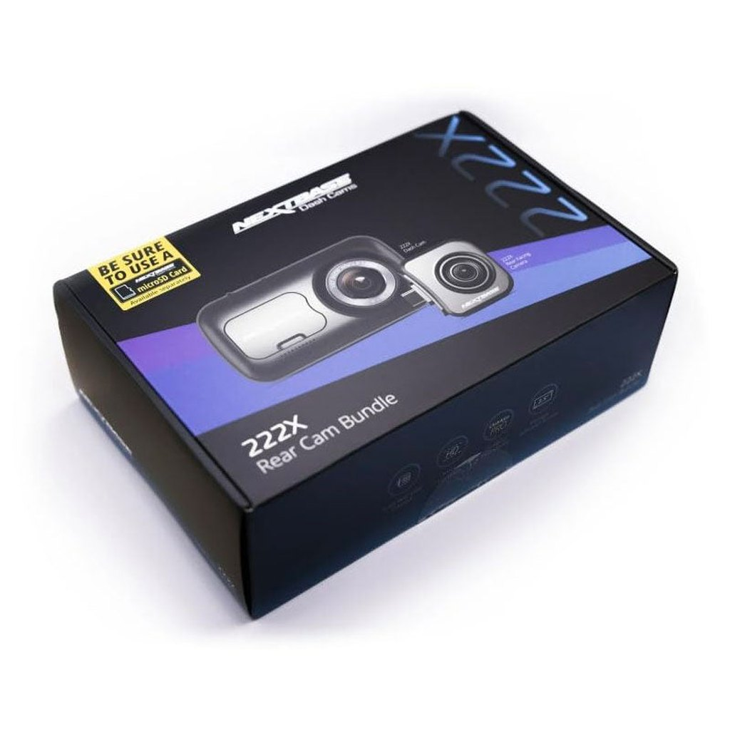 Doos voor Nextbase 222X dashcam bundel met voor- en achtercamera's.