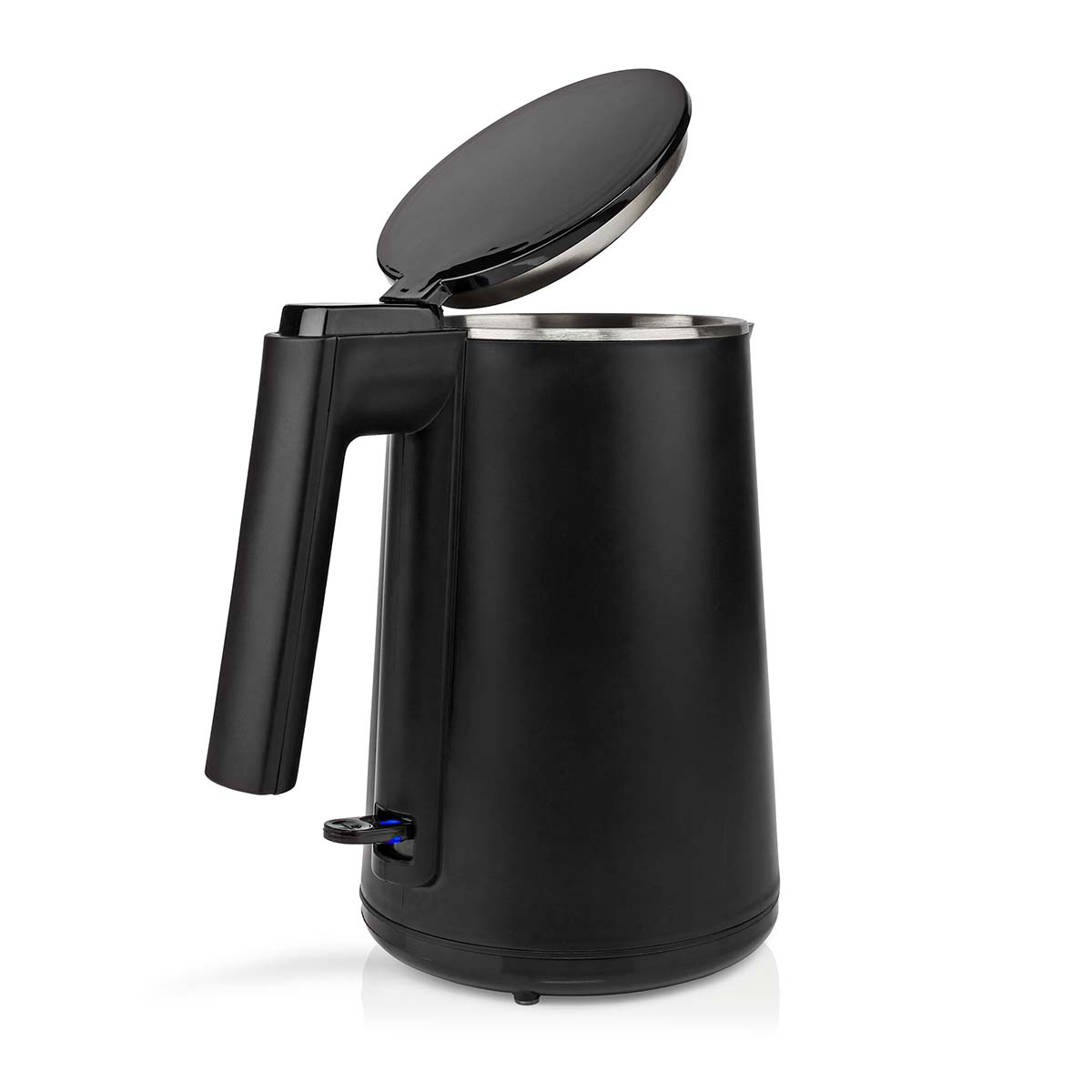 Czajnik elektryczny czarny z otwartą pokrywą i niebieskim włącznikiem.