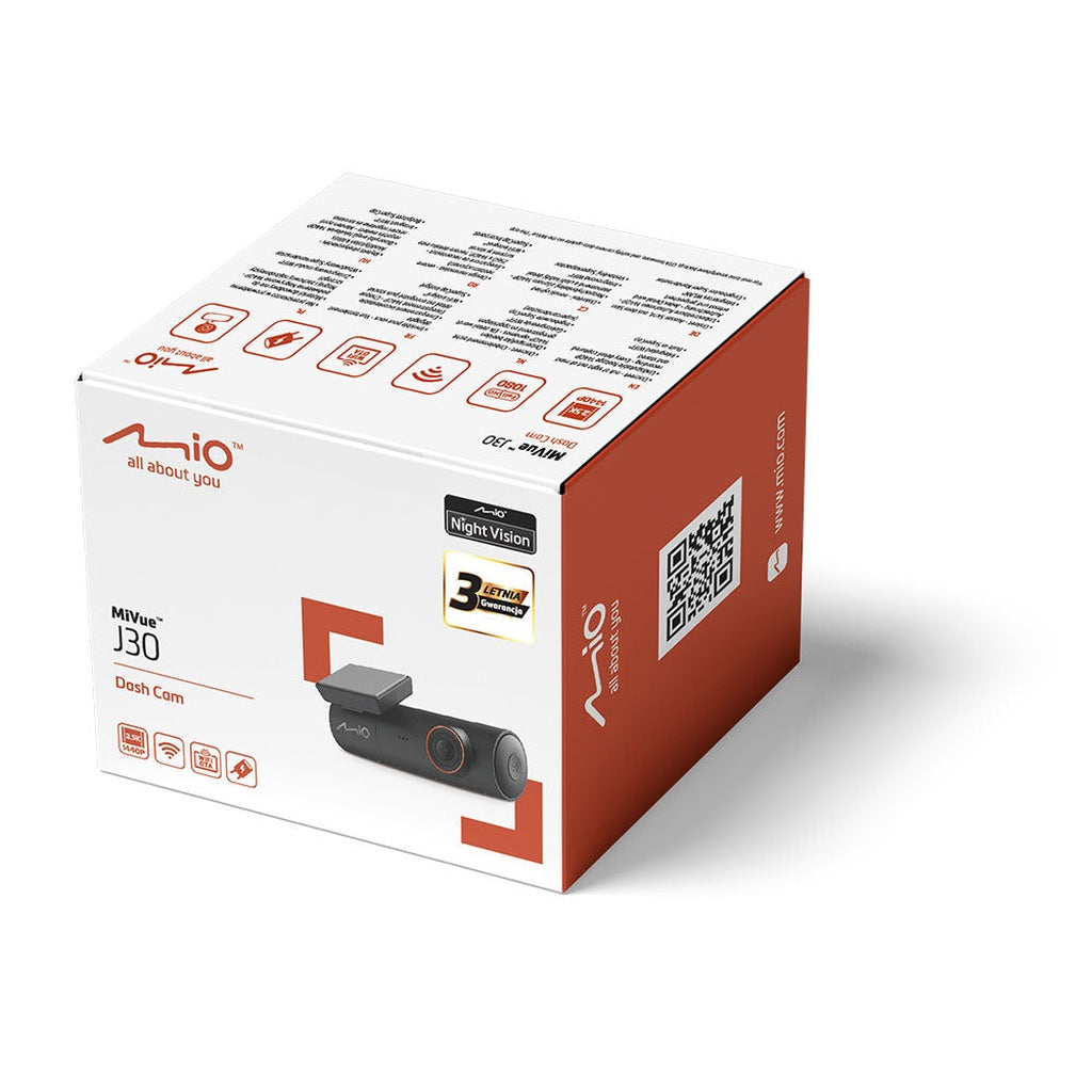 Mio MiVue J30 Dash Cam on white box with night vision and 3-year warranty.