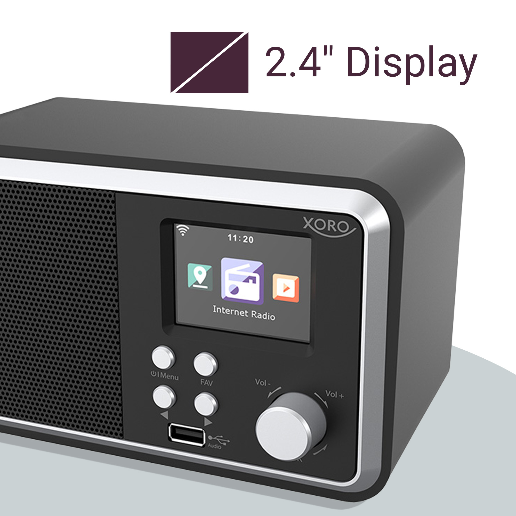 Ein schwarzes Radio mit einem 2,4-Zoll-Display zeigt „Internet Radio“ an.
