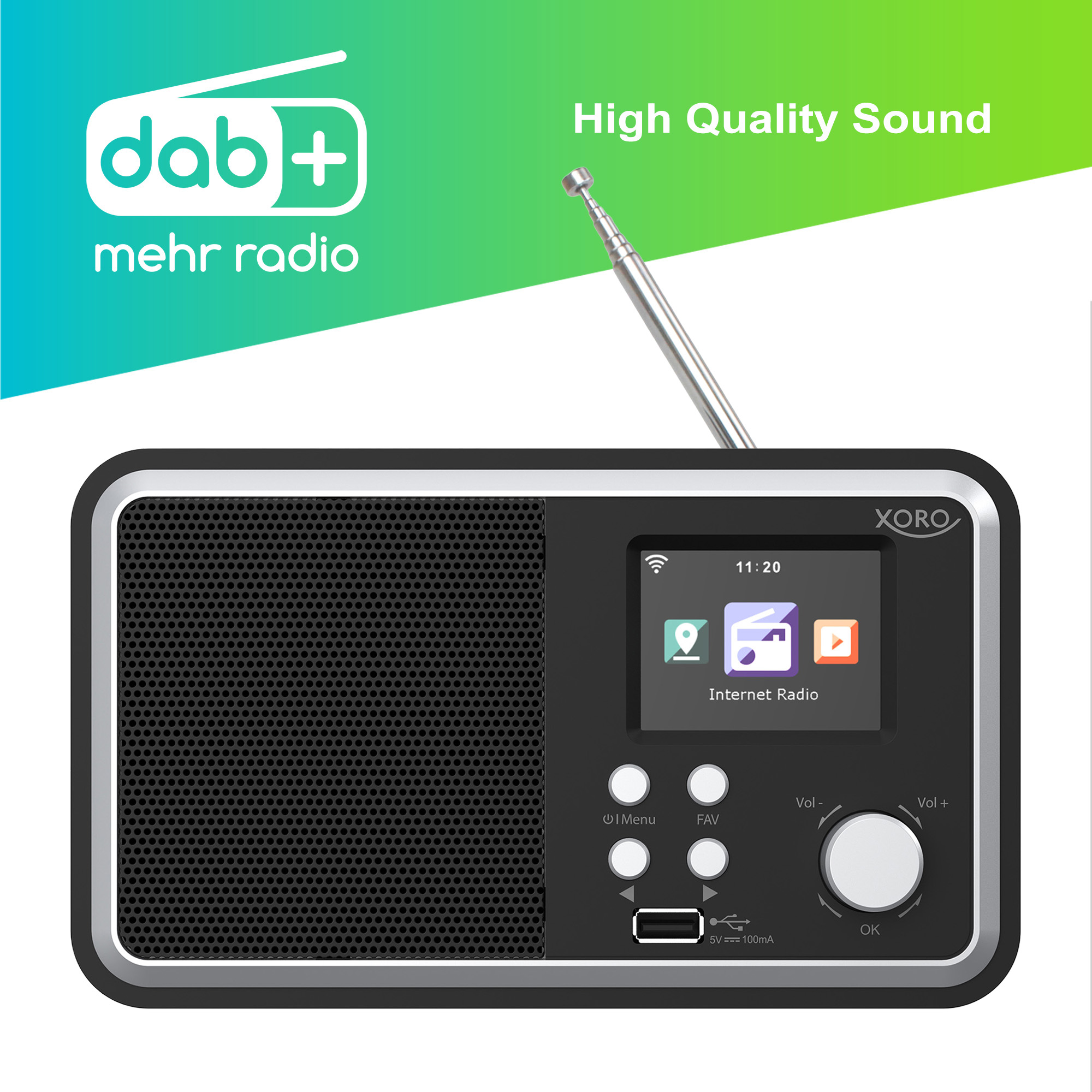 Ein DAB+ Internetradio mit Display und ausfahrbarer Antenne.