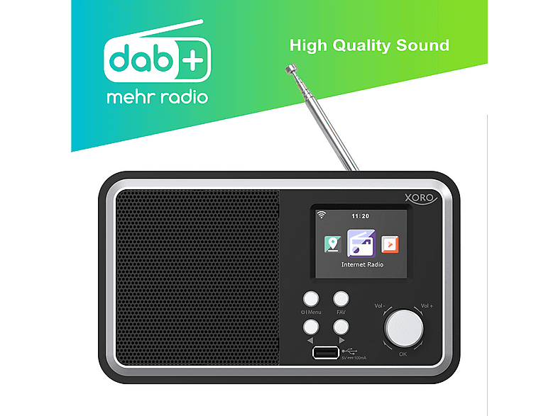 Xoro HMT 425 Digitale WLAN-internetradio, met 2,8 inch kleurendisplay, podcast, USB-mediaspeler, FM/DAB zendersimulatie, wekker