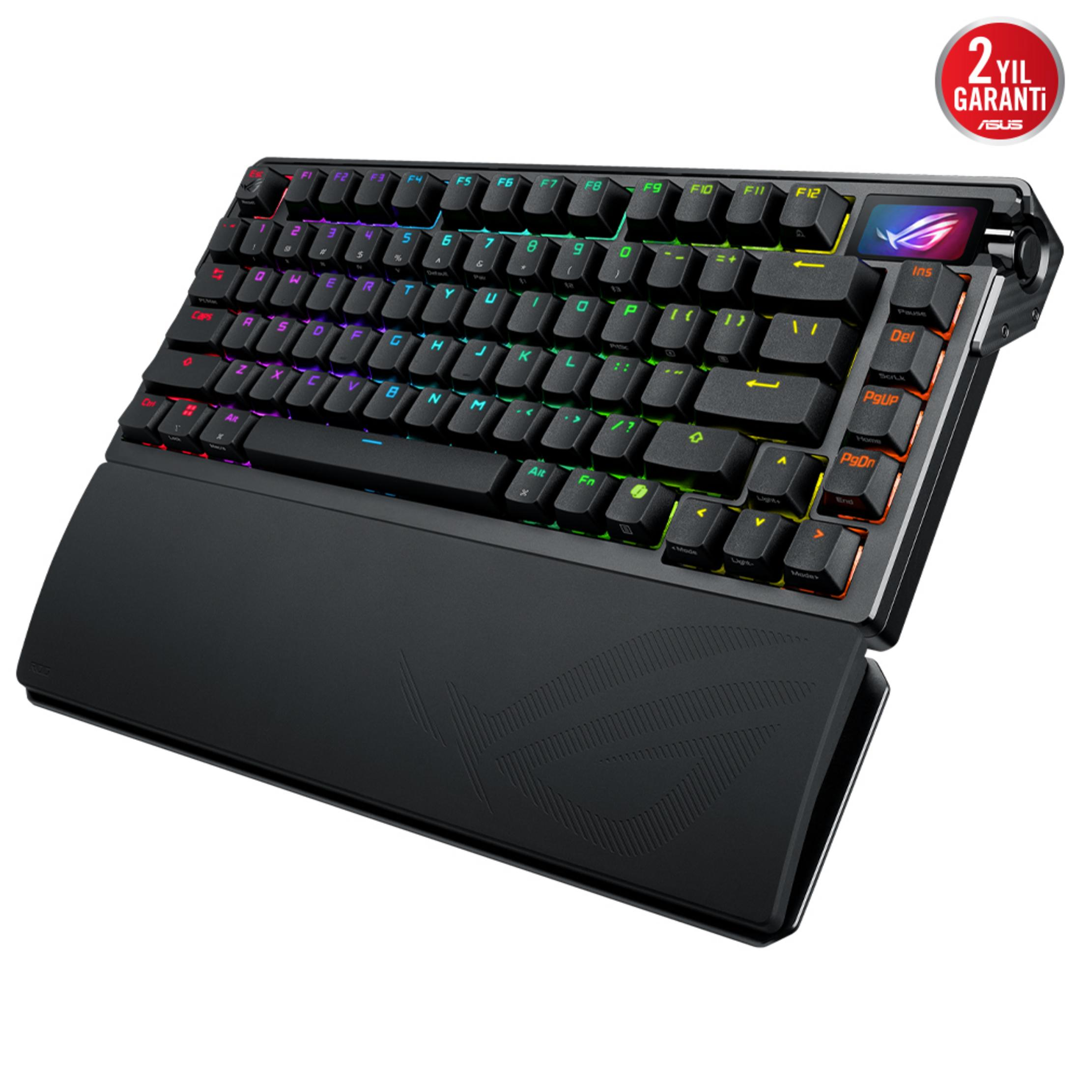 Una tastiera gaming nera con illuminazione RGB e poggiapolsi.