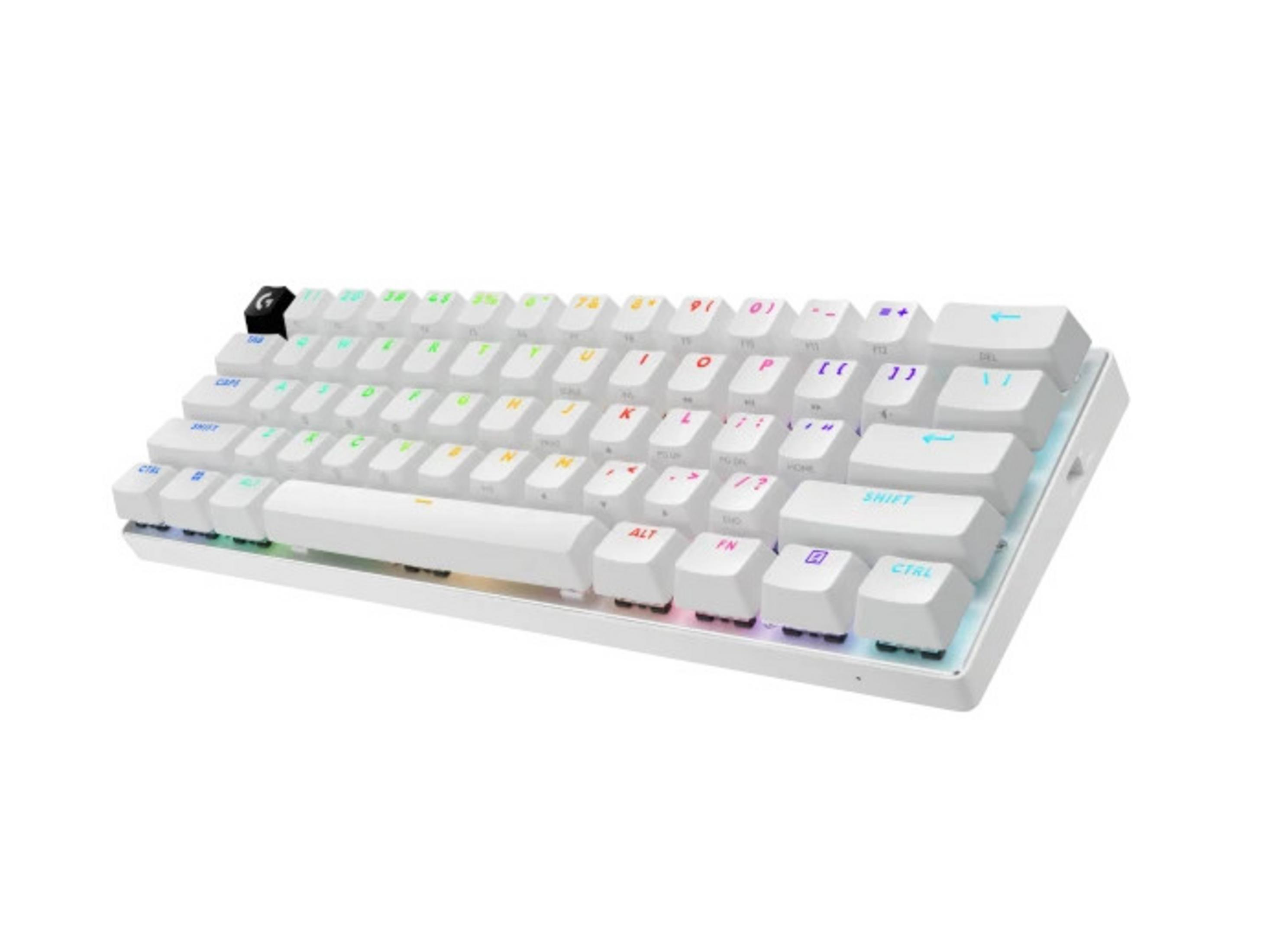 Viene mostrata una tastiera meccanica bianca con illuminazione RGB e tasti colorati.