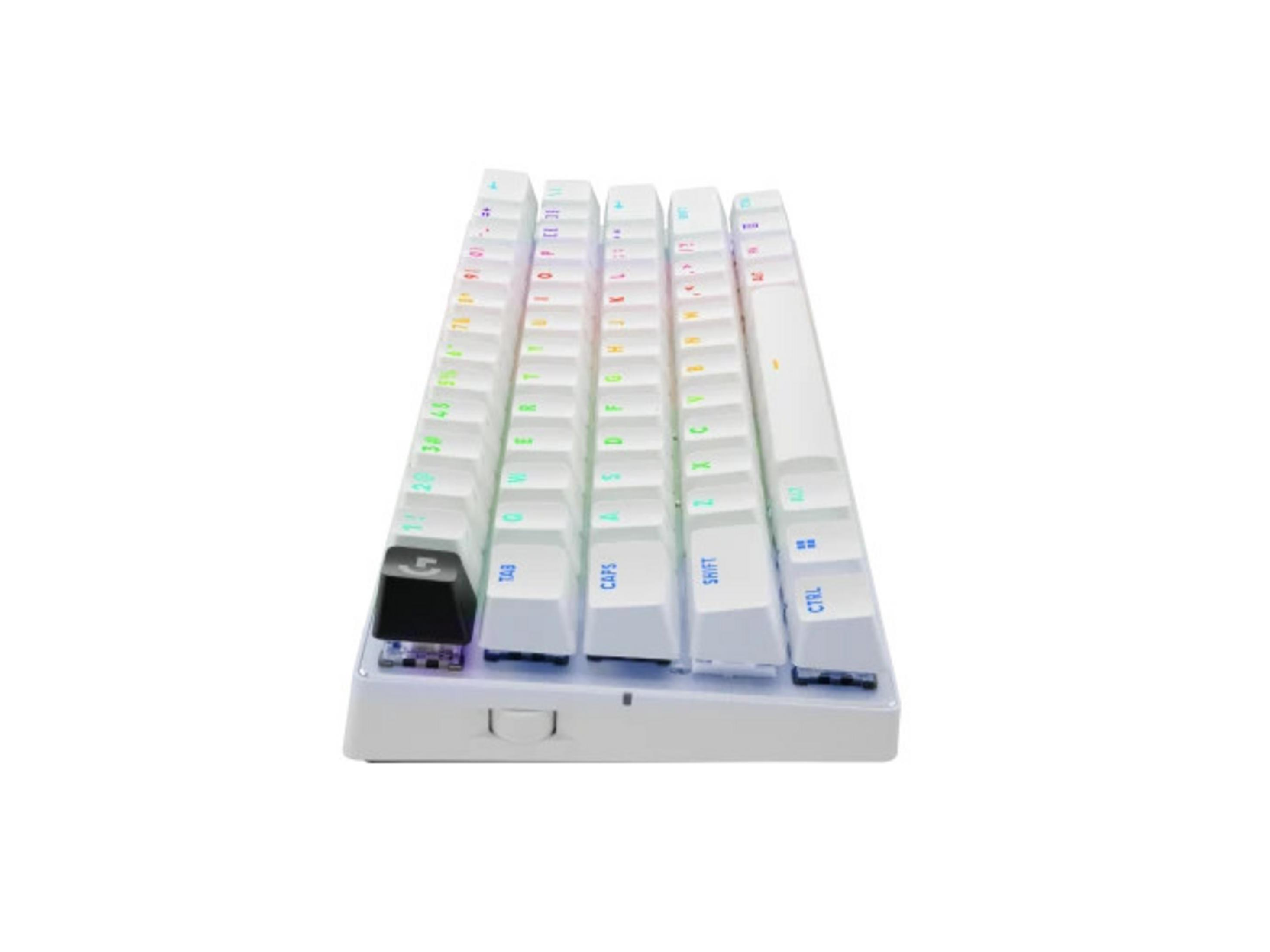 Una tastiera bianca con tasti colorati e retroilluminazione RGB.