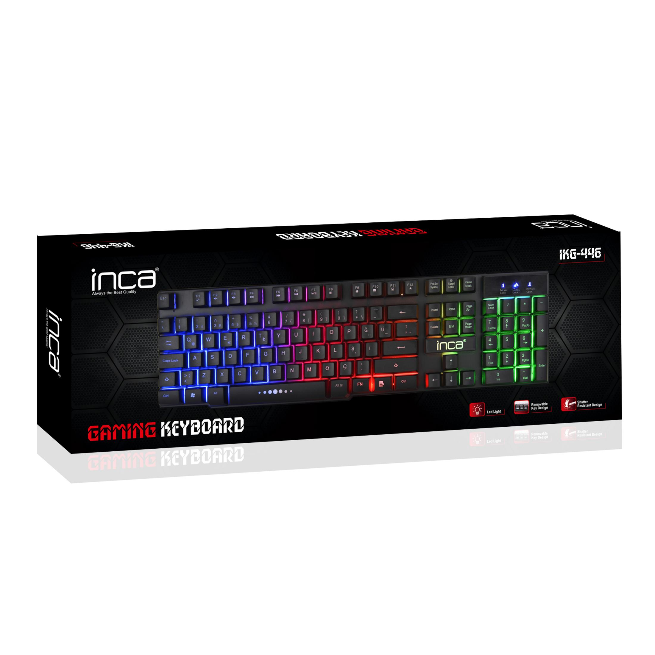 Czarna klawiatura gamingowa z kolorowym podświetleniem i logo Inca.