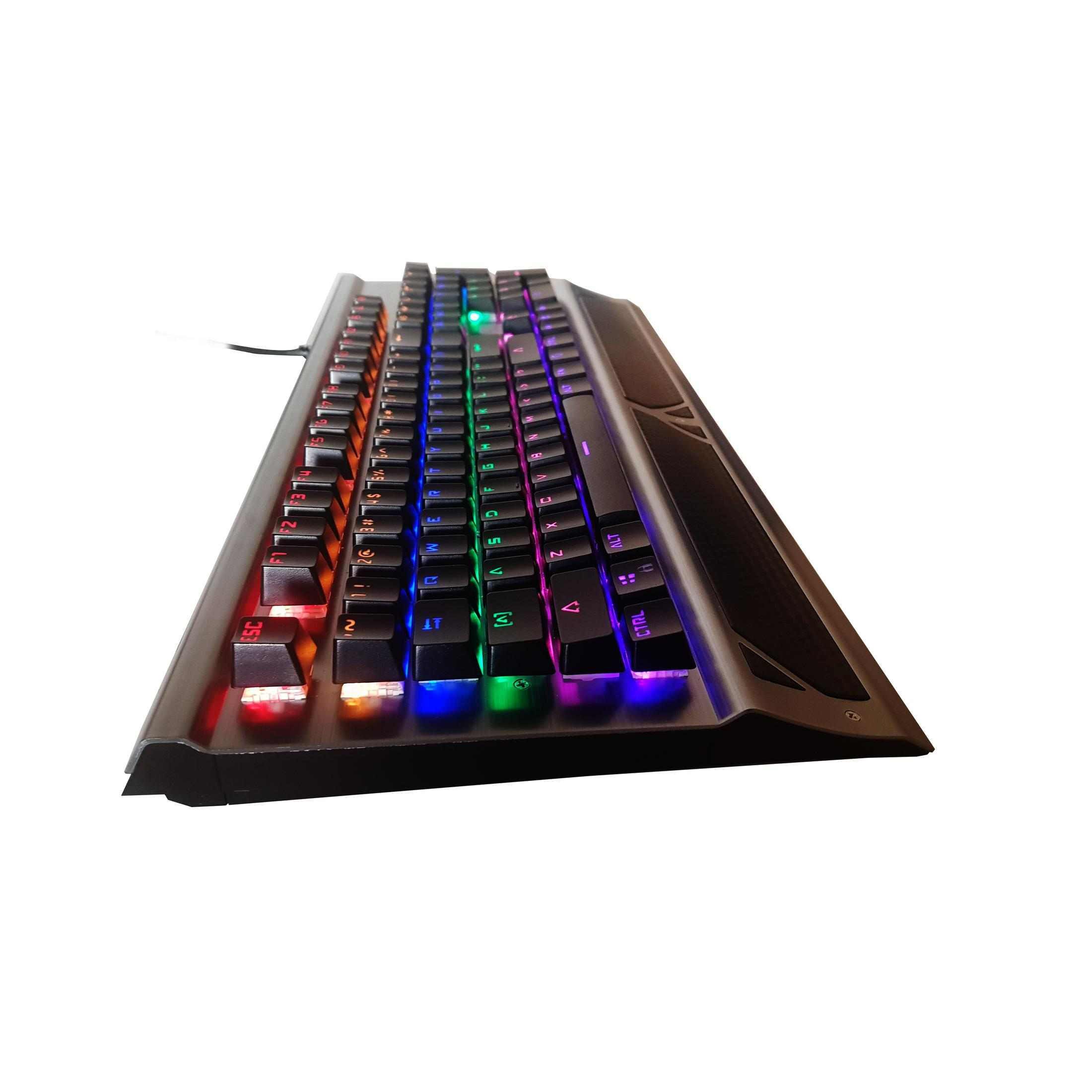 Czarna klawiatura z kolorowymi klawiszami LED. Widok z bliska.