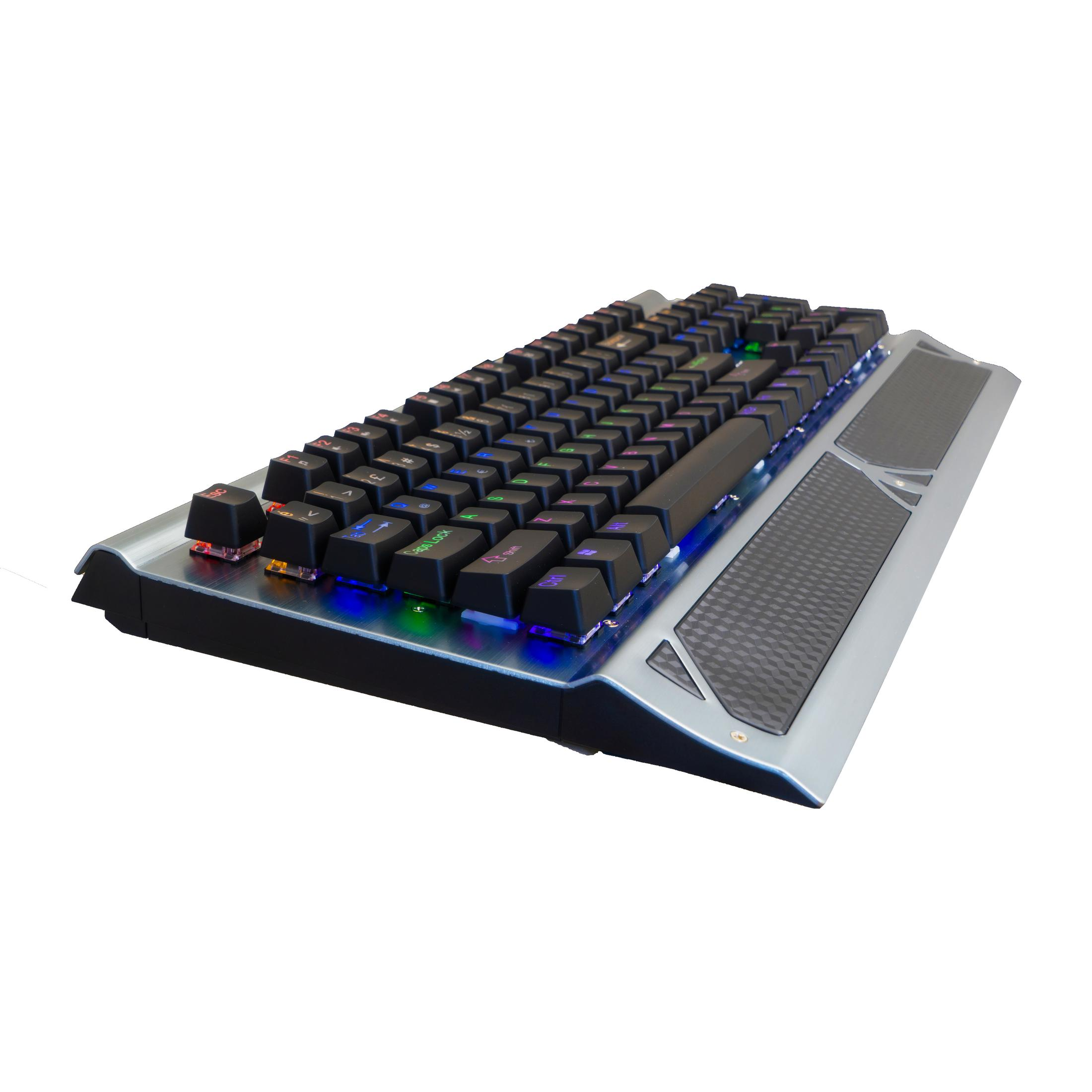 Klawiatura gamingowa z podświetleniem RGB i srebrną obudową.