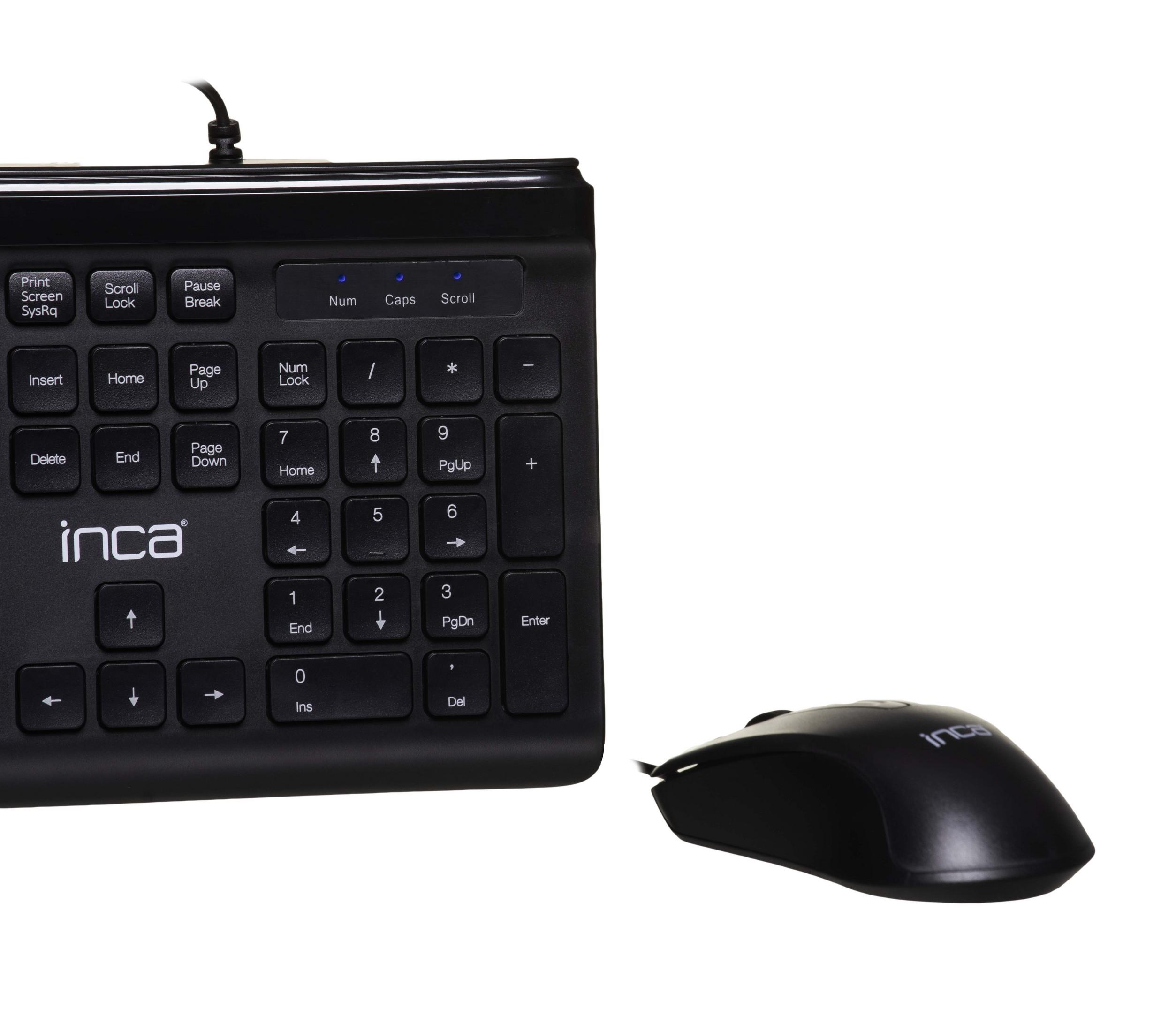 Czarna klawiatura i mysz z logo "inca" na białym tle.