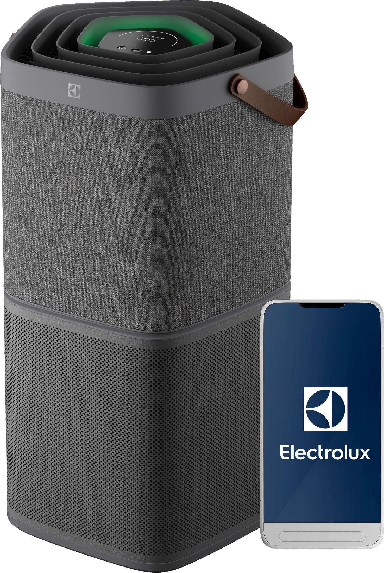 Electrolux logolu akıllı telefonun yanında deri kulplu gri hava temizleyici.