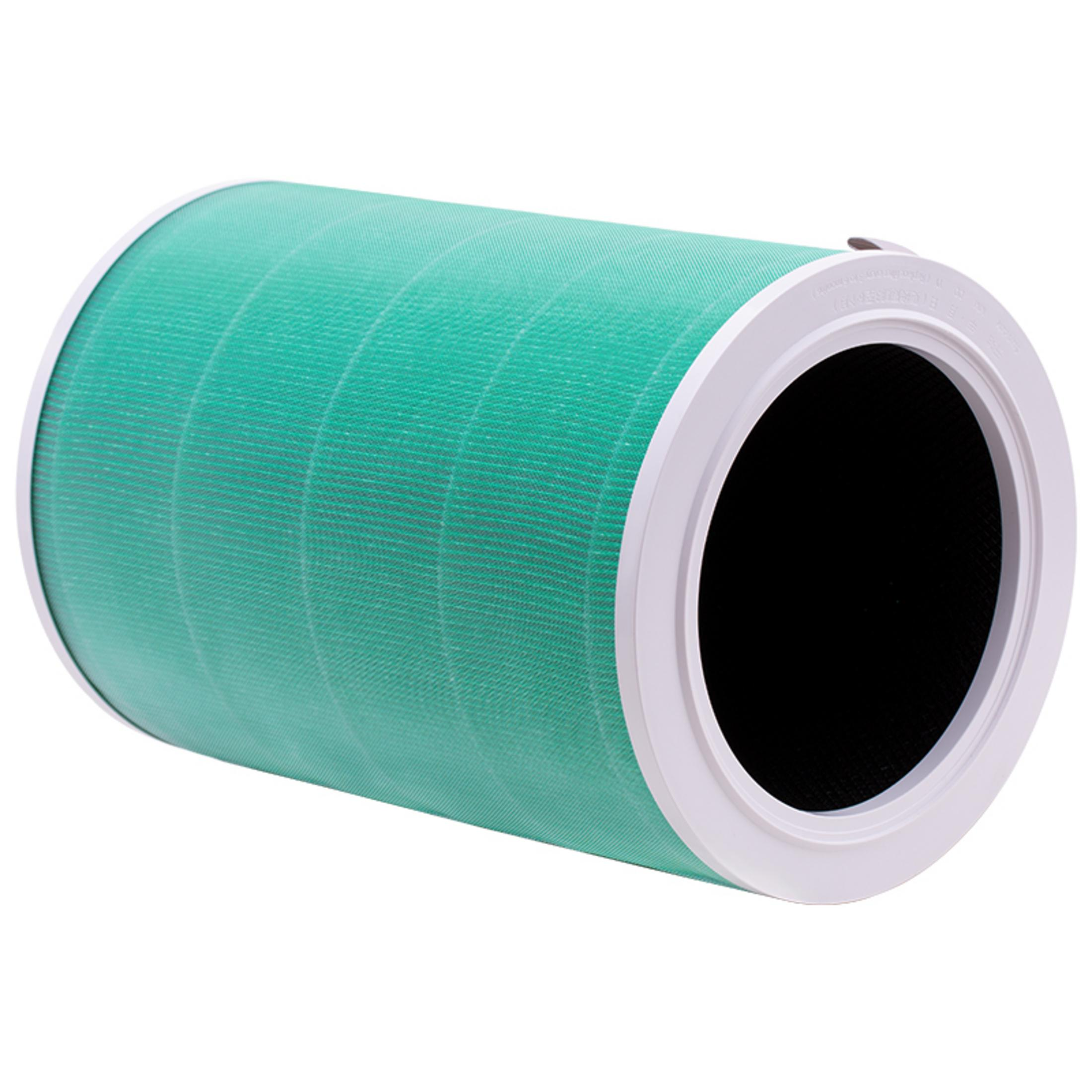 Cylindryczny filtr powietrza z turkusową siatką i białym ramem.