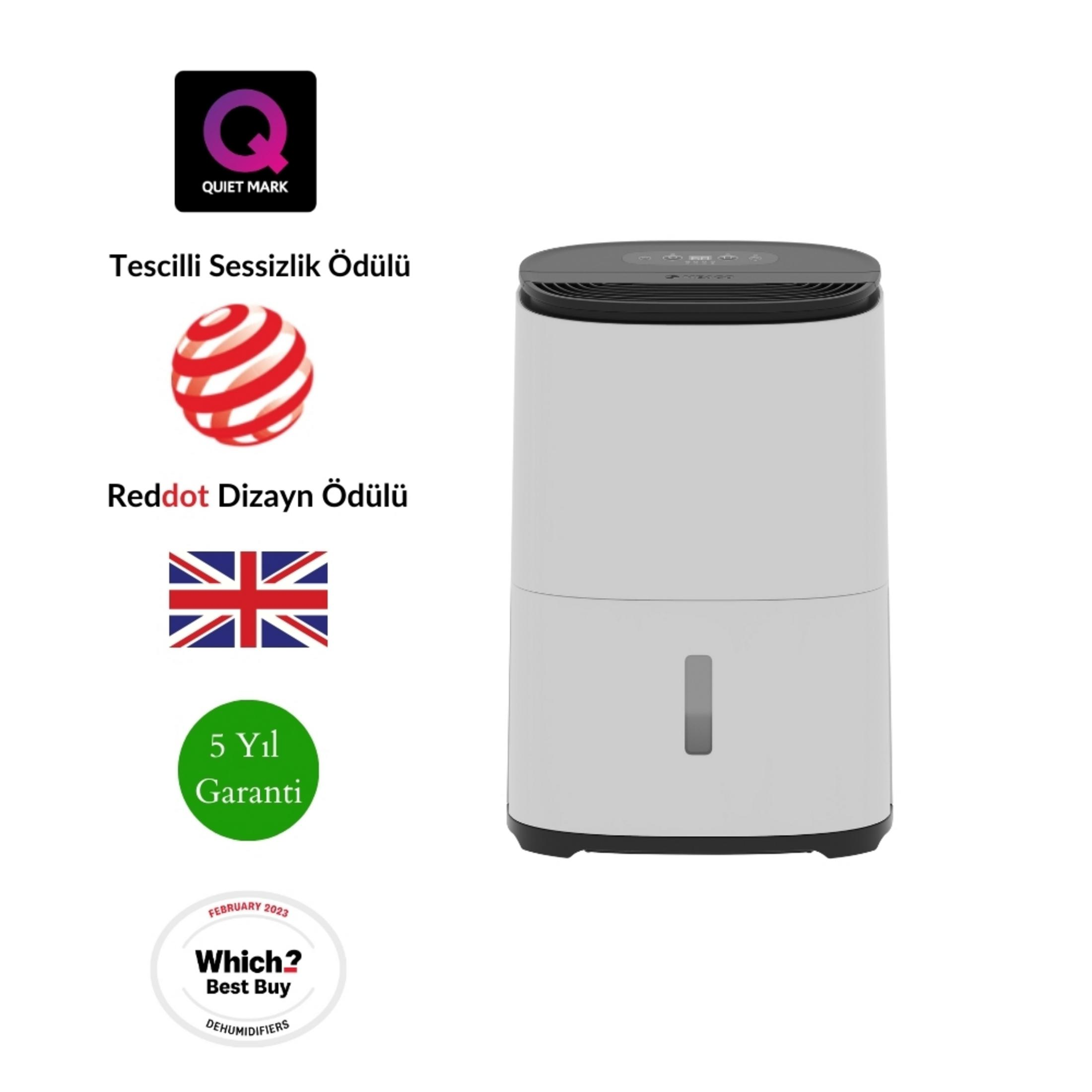 Biały osuszacz powietrza z nagrodami: Quiet Mark, Red Dot, flaga UK, 5 lat gwarancji, Which? Best Buy.