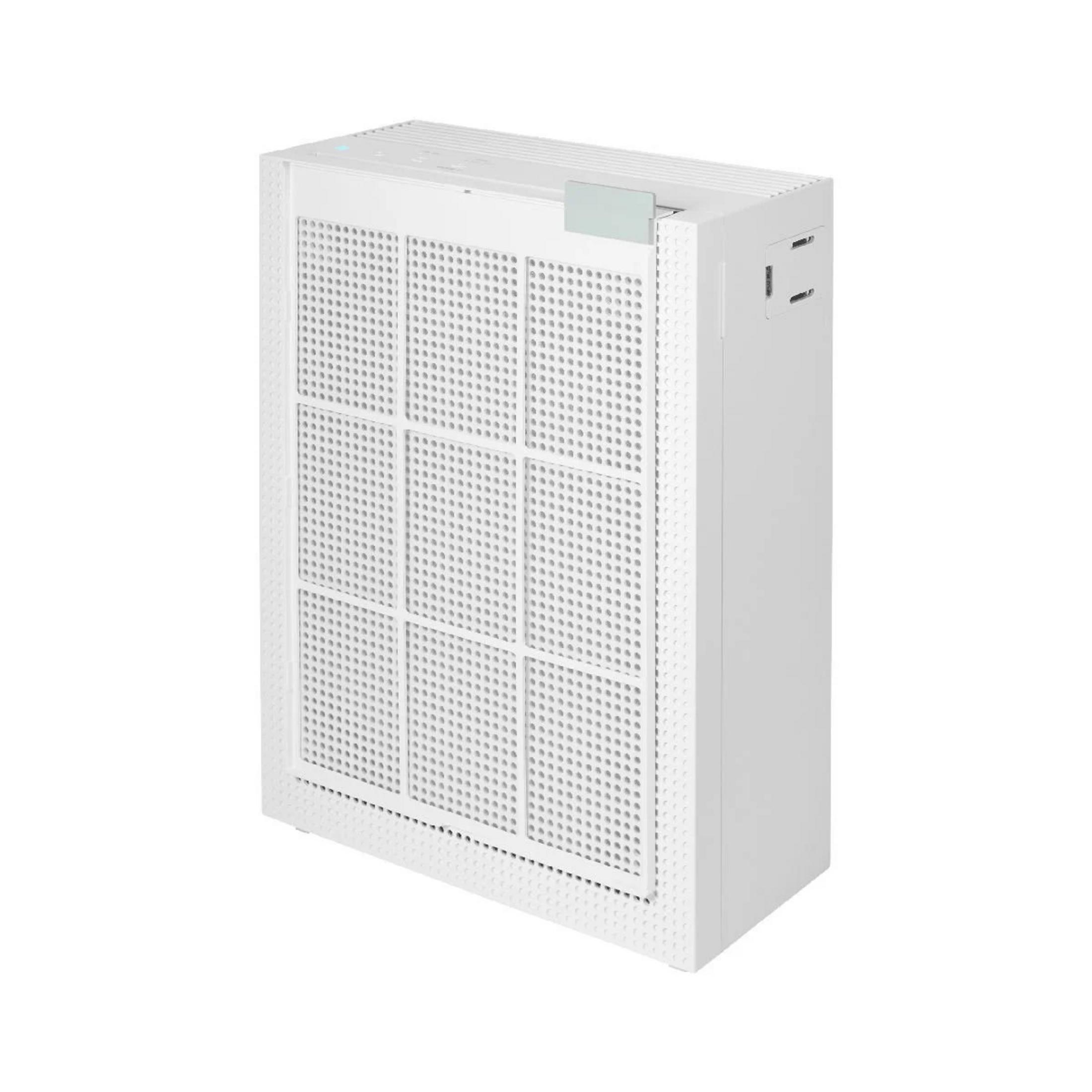 Ein weißer Luftreiniger mit einem perforierten Frontpanel und blauen Lichtern.