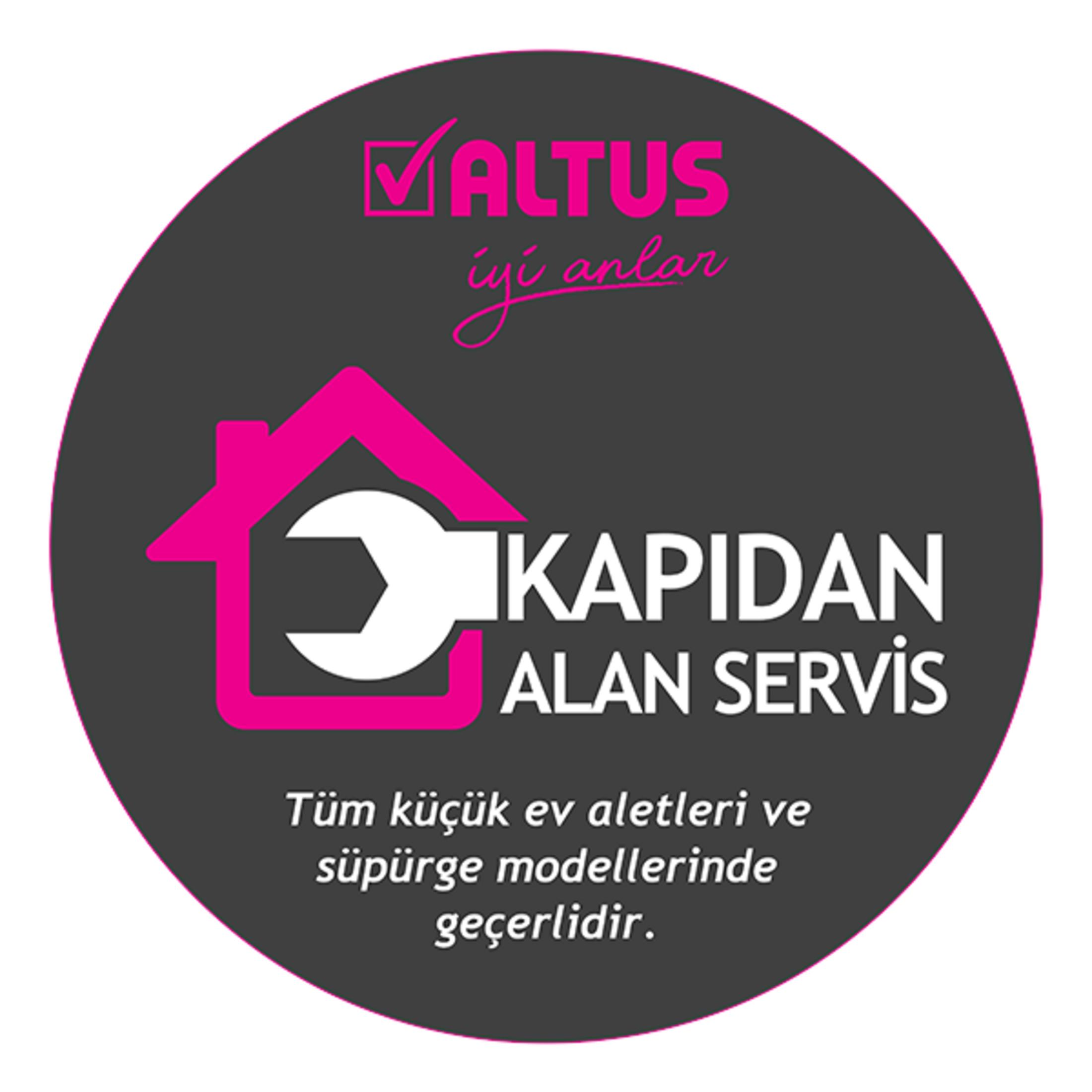 Pembe ve beyaz metinli siyah dairesel bir logo. İçinde anahtar olan bir ev simgesi ve altında metin bulunuyor.