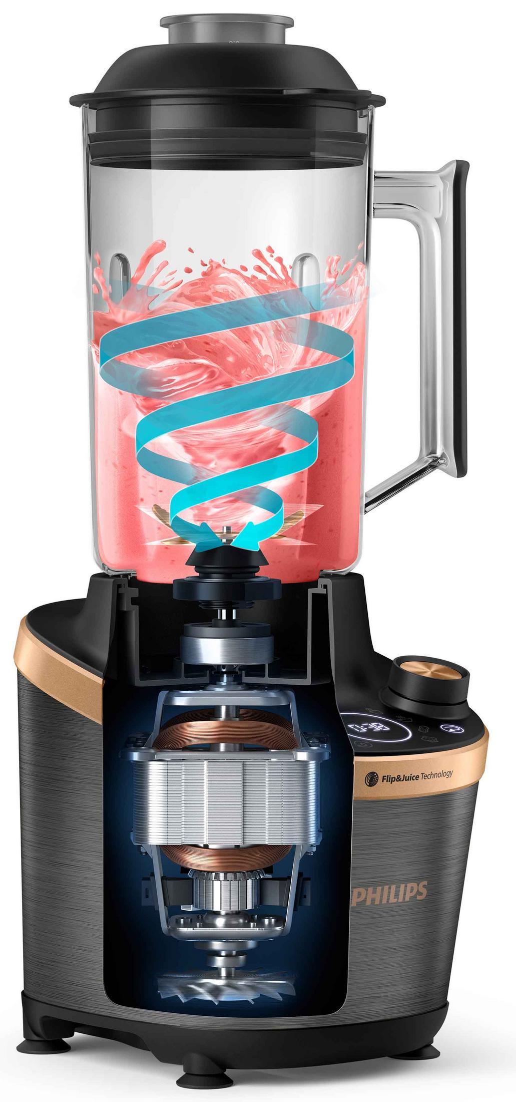 Widok przekroju blendera Philips z wirującym czerwonym smoothie i silnikiem.