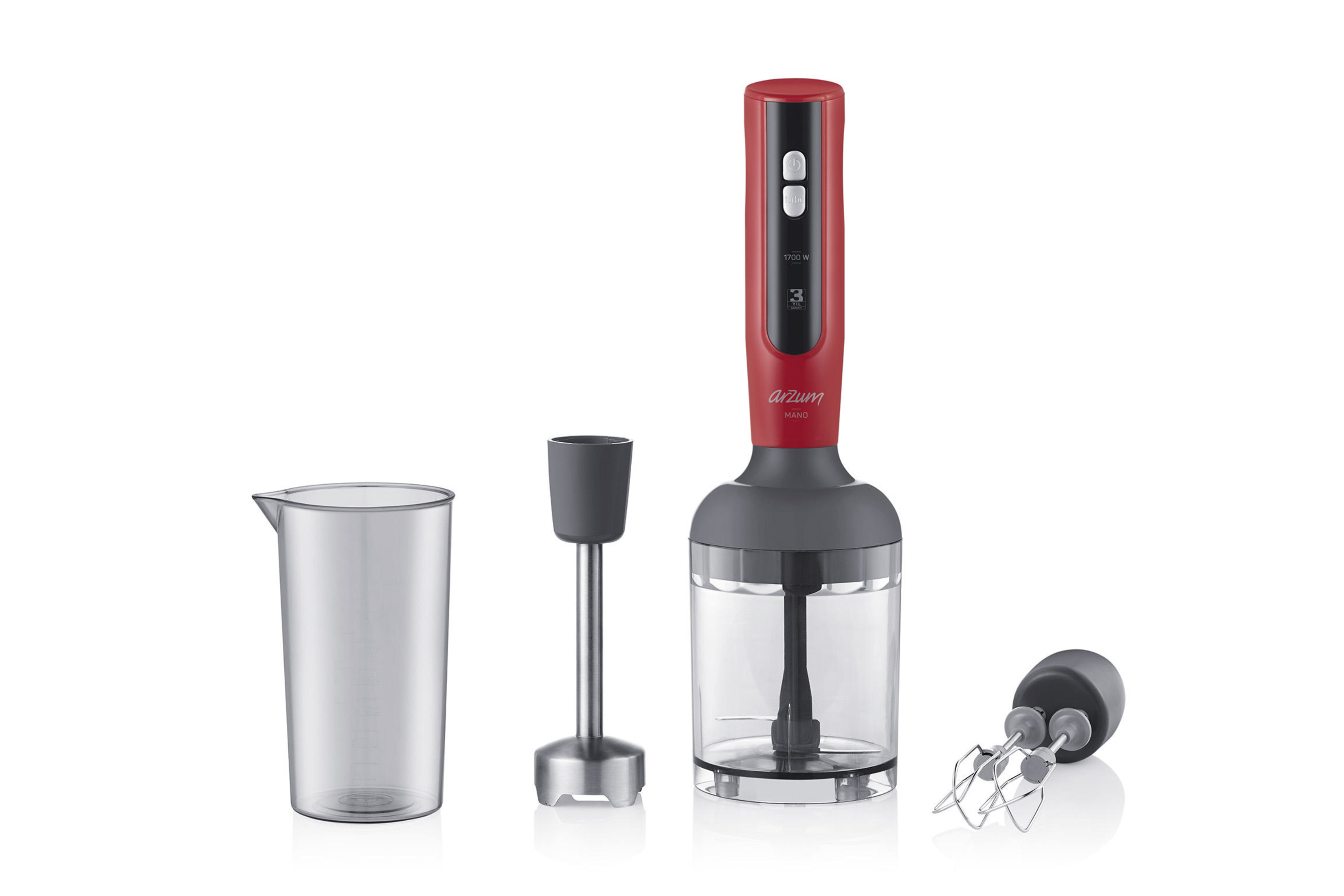 Aksesuarli kirmizi el blenderi: kap, daldırma blenderi, dograyici ve çirpici.
