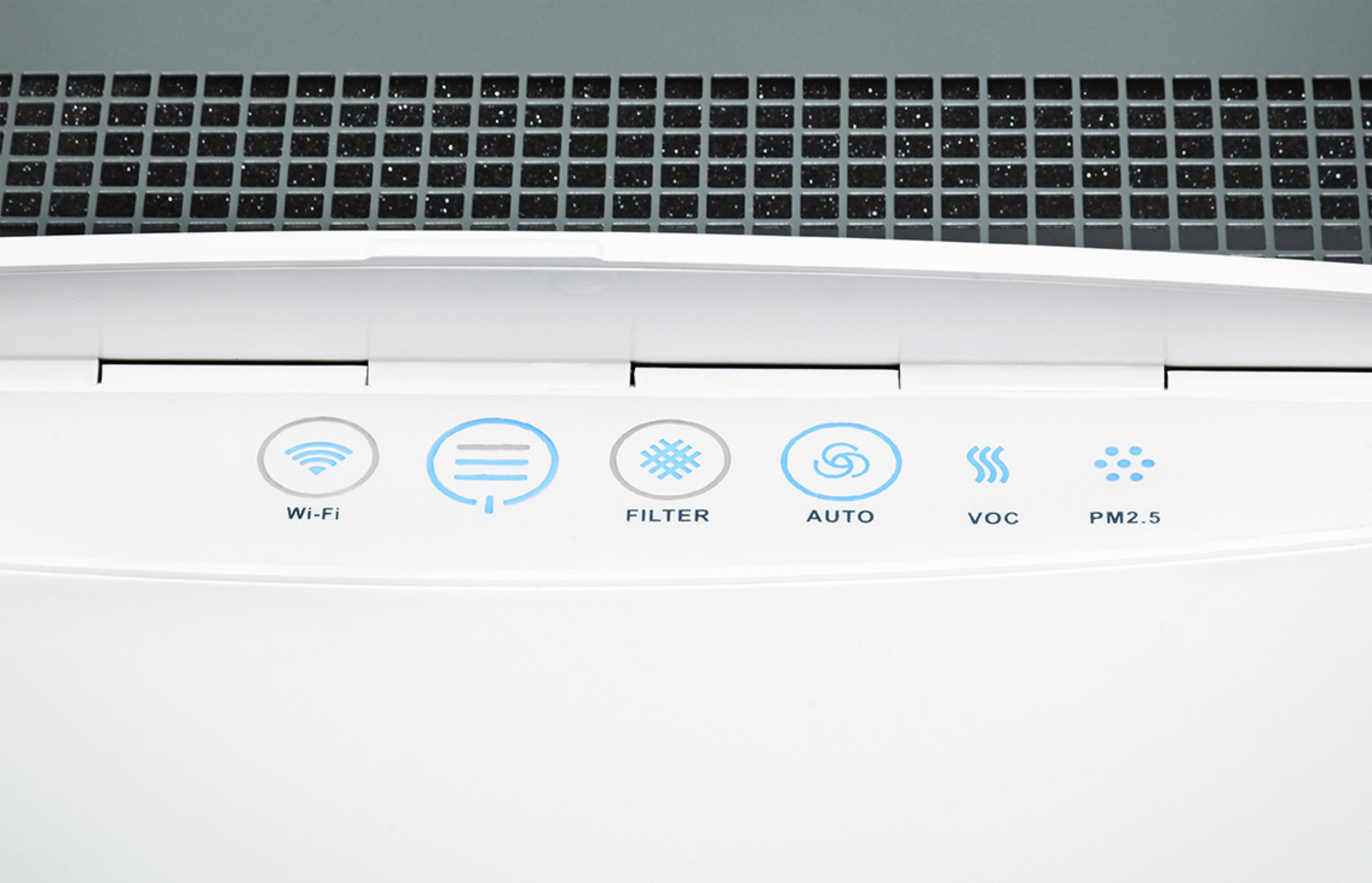Nahaufnahme von Luftreiniger-Symbolen: Wi-Fi, Filter, Auto, VOC, PM2.5.