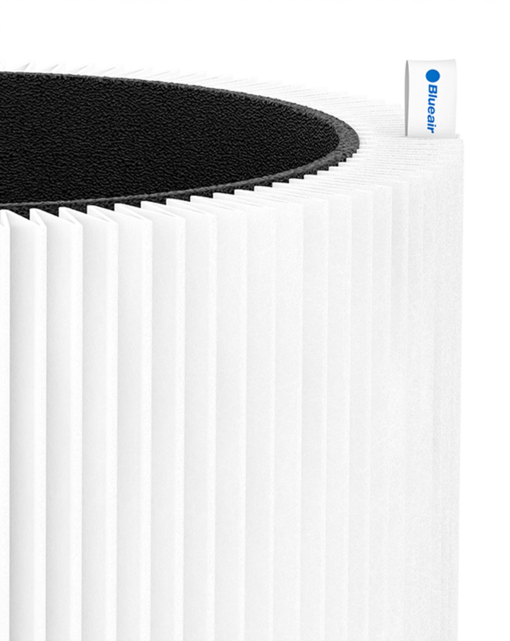 Ein weißer Luftfilter mit schwarzem Rand und dem Blueair-Logo.