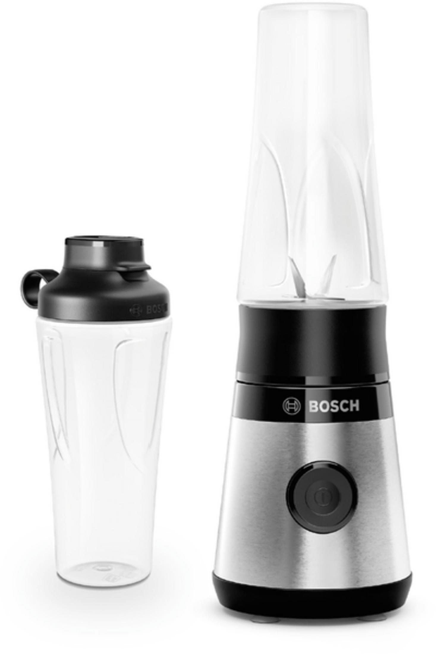 Una batidora Bosch con base plateada y un vaso transparente con tapa negra.
