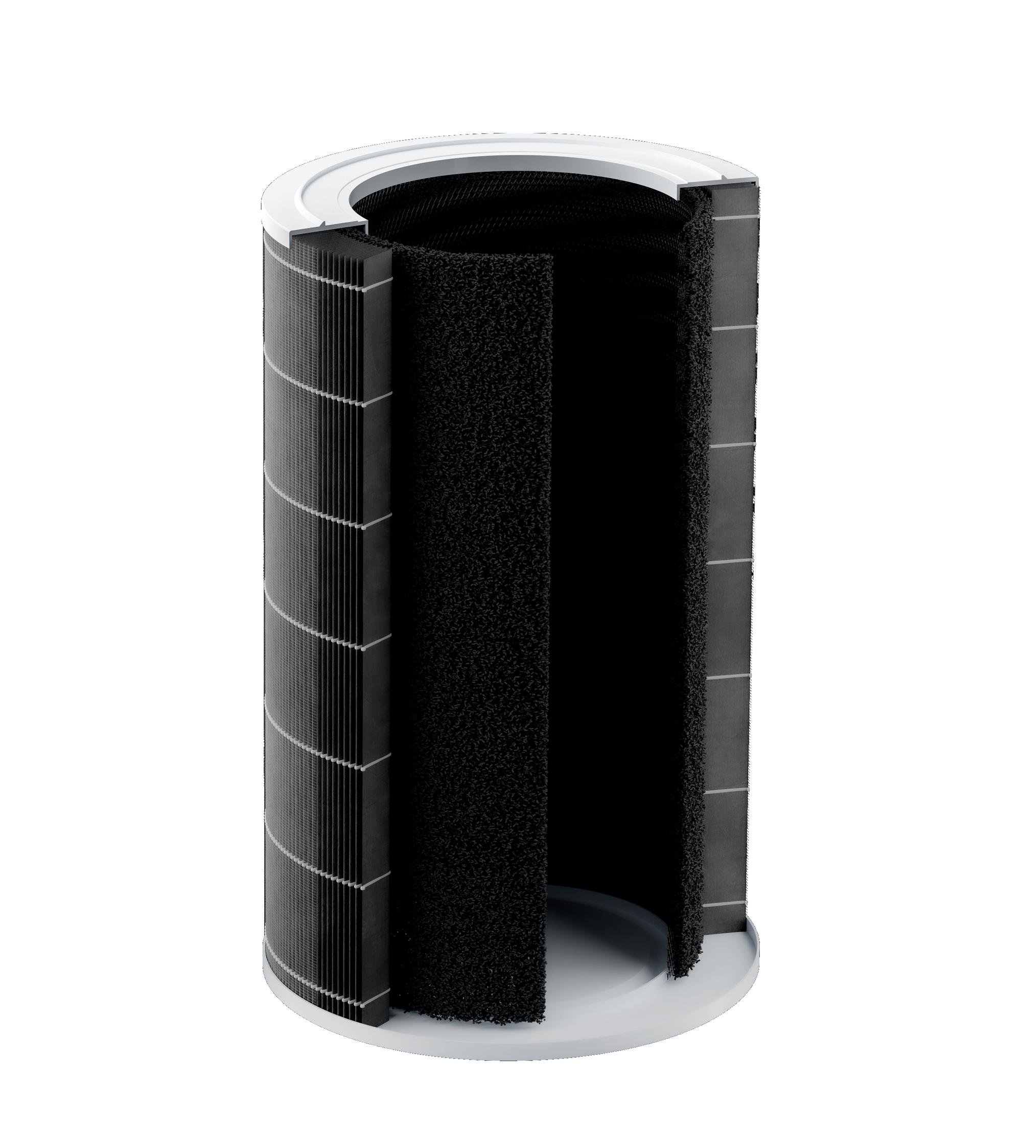 Cylindryczny filtr powietrza pokazujący wiele warstw: siatka, pianka i węgiel aktywny.