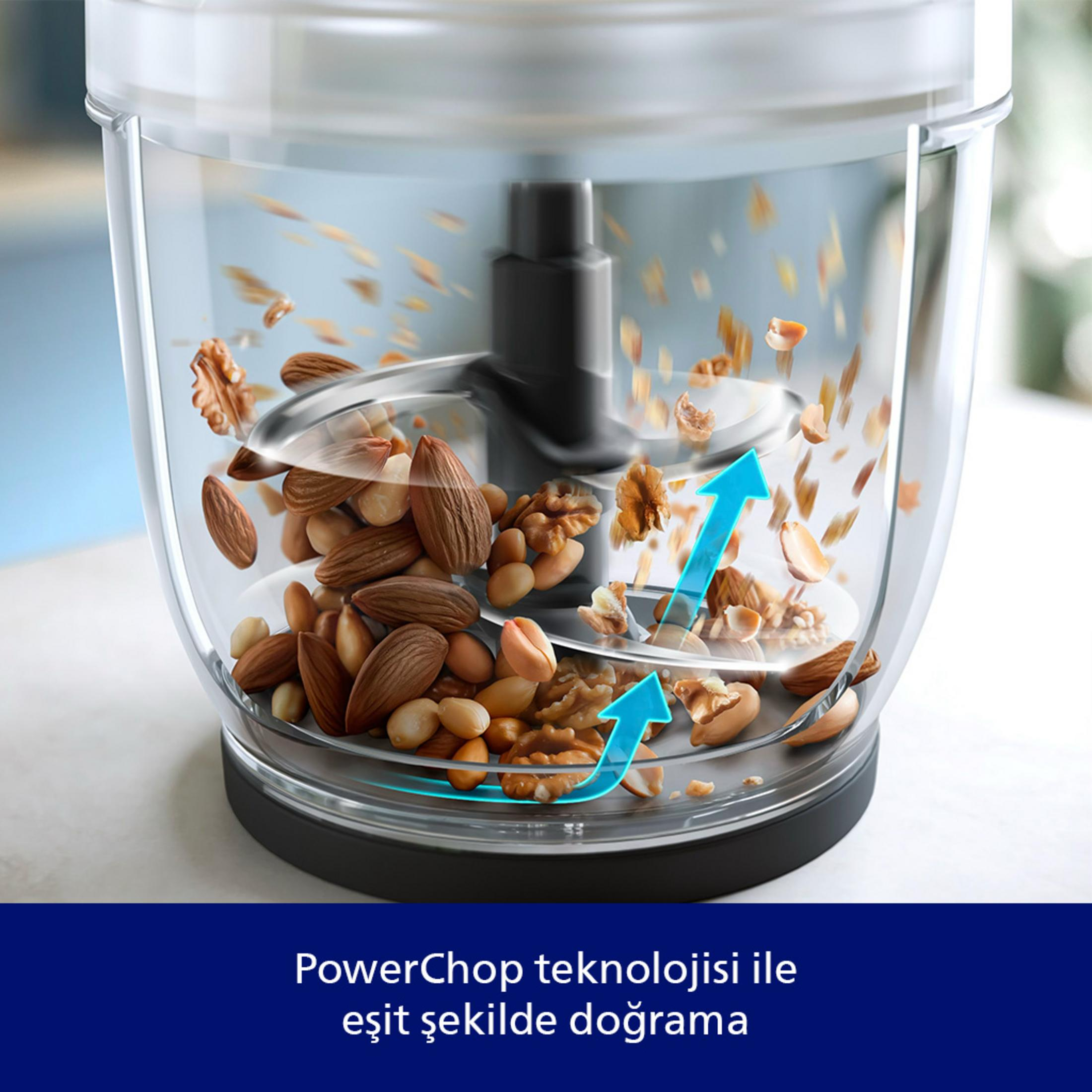 Noci tritate in un robot da cucina. Frecce blu indicano il flusso d'aria.