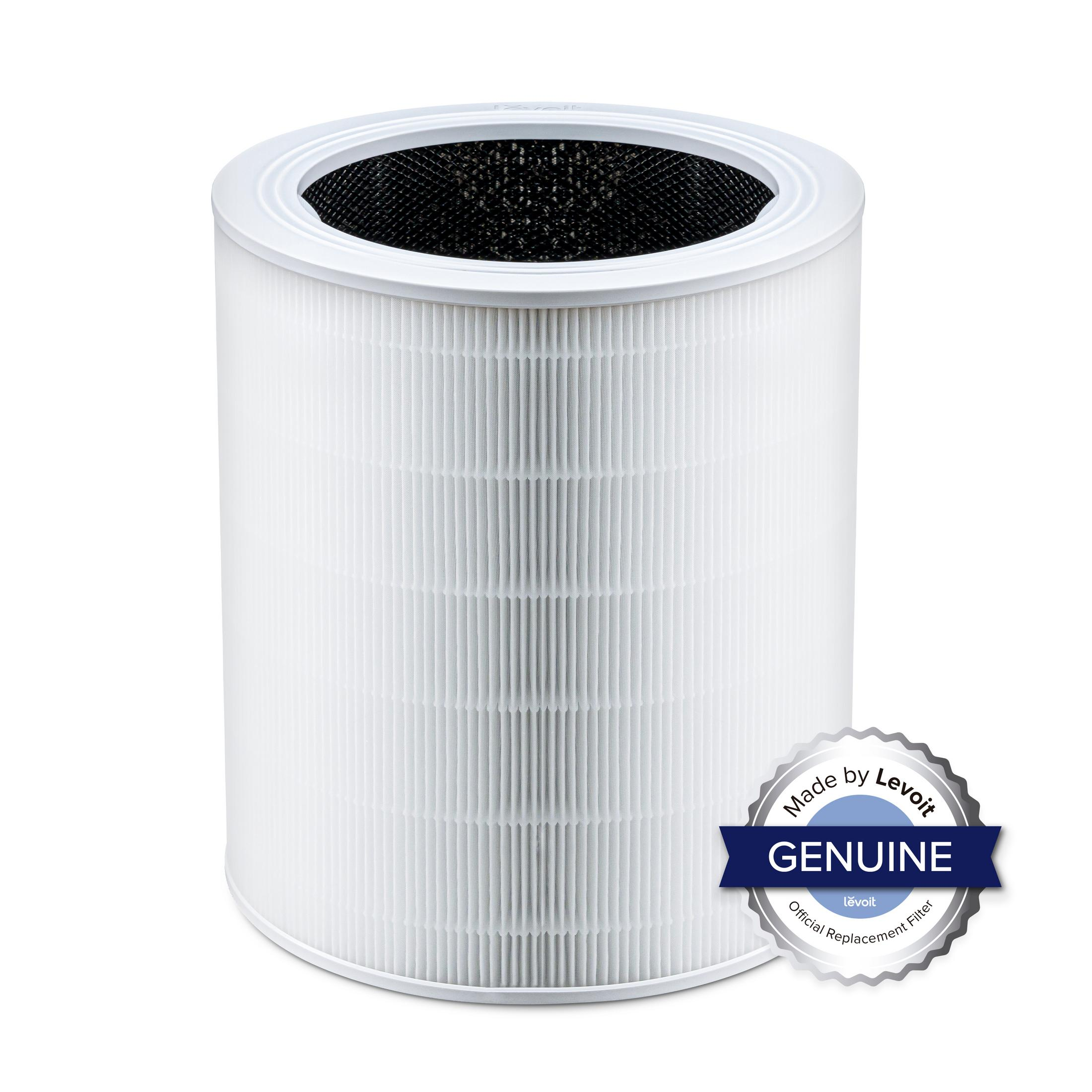 Biały filtr powietrza cylindryczny z czarną siatką na górze i pieczęcią "Genuine".