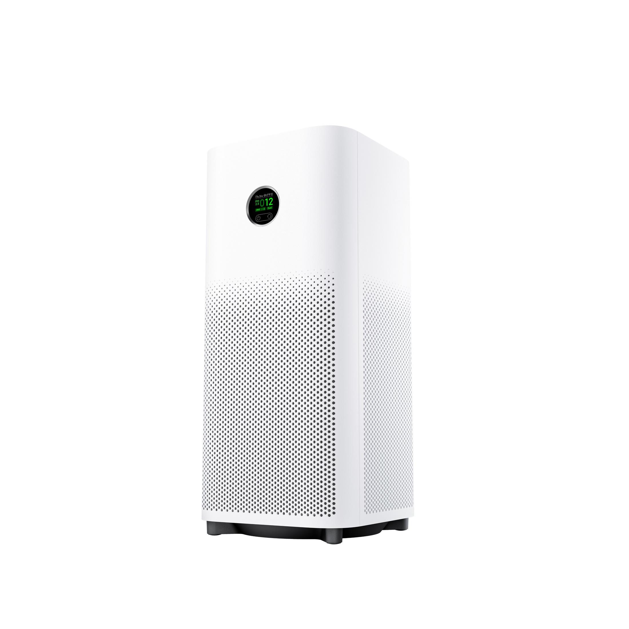 Un purificatore d'aria bianco con schermo digitale che mostra le letture PM2.5.