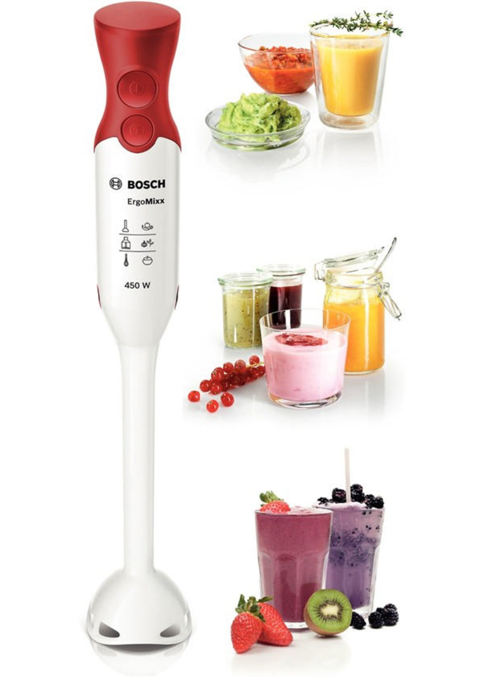 Biały blender ręczny z czerwonym uchwytem obok misek i szklanek z owocami i koktajlami.