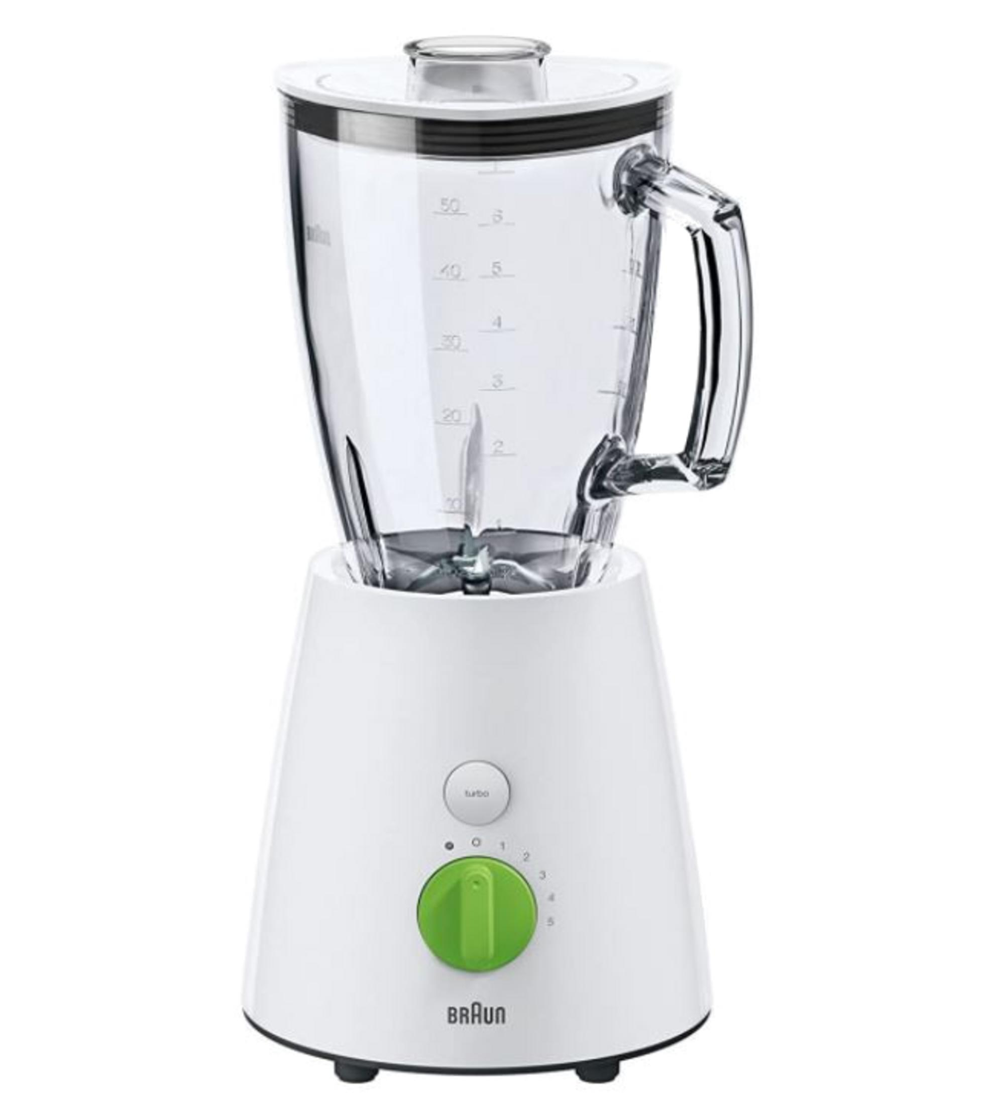 Ölçü işaretleri ve yeşil kadranlı beyaz bir blender.
