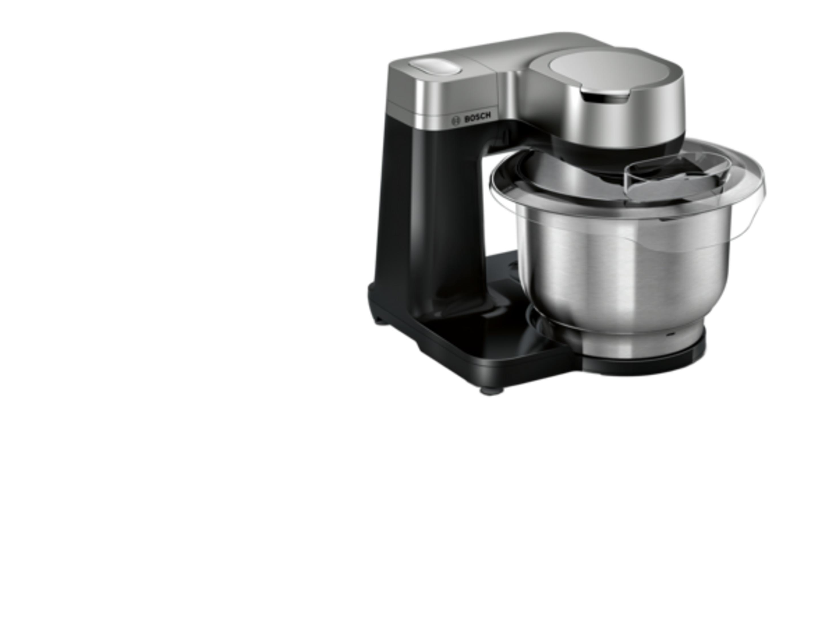 Un robot de cocina Bosch plateado y negro con bol de acero inoxidable.