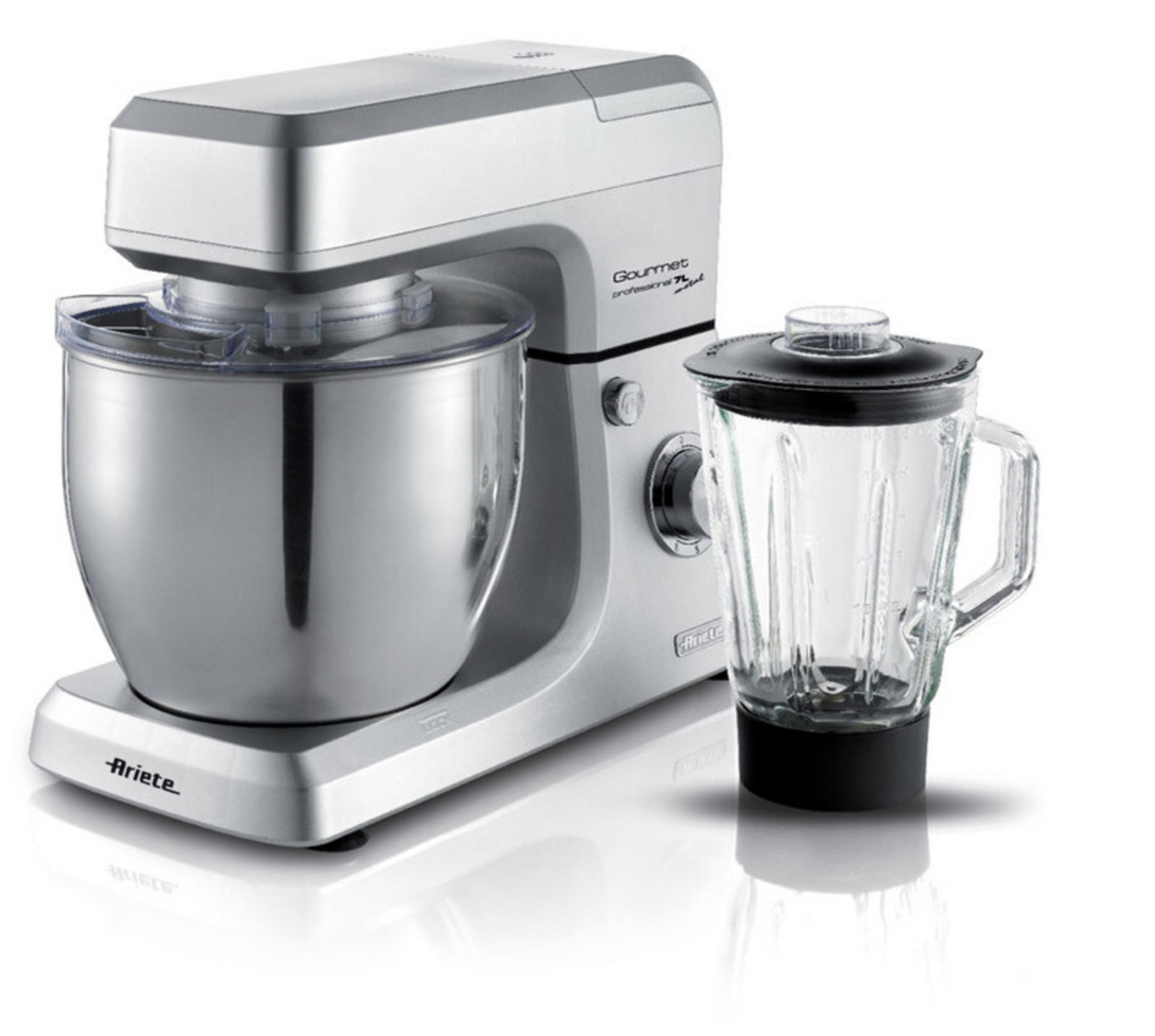Silberner Küchenmixer mit Metallschüssel und Glasmixeraufsatz.