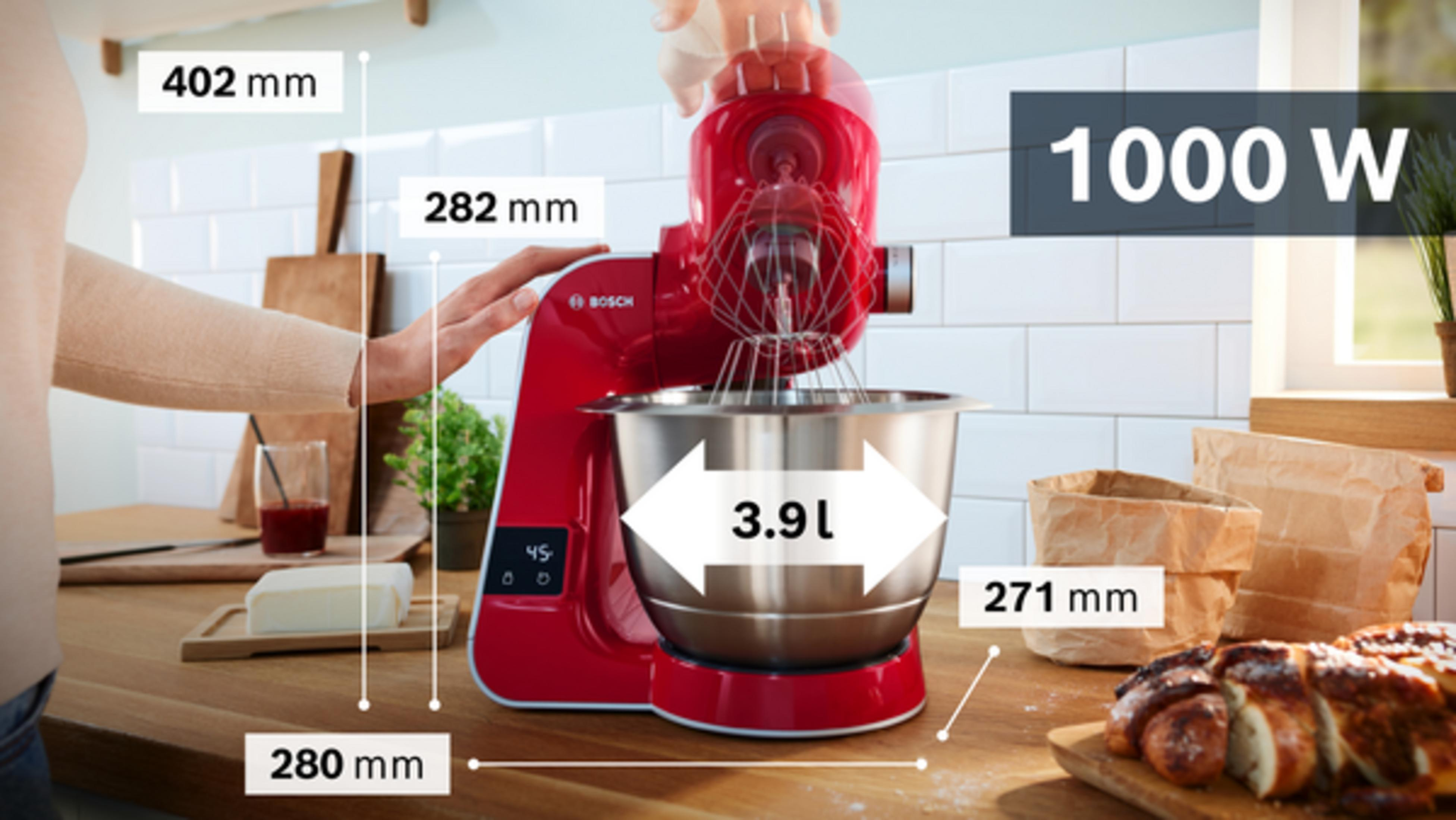 Rote Küchenmaschine mit 3,9L Schüssel, 1000W. Maße: 402, 282, 271, 280mm.
