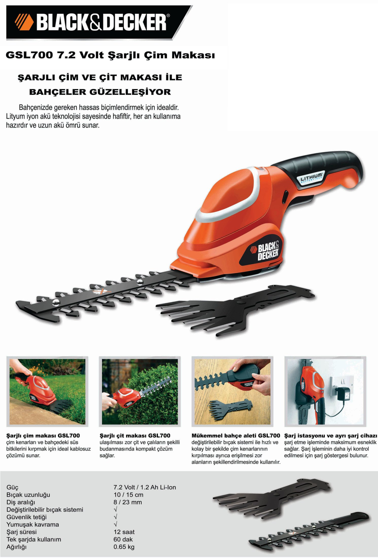 Cortacésped y podador de setos inalámbrico Black+Decker naranja y negro con cuchillas.