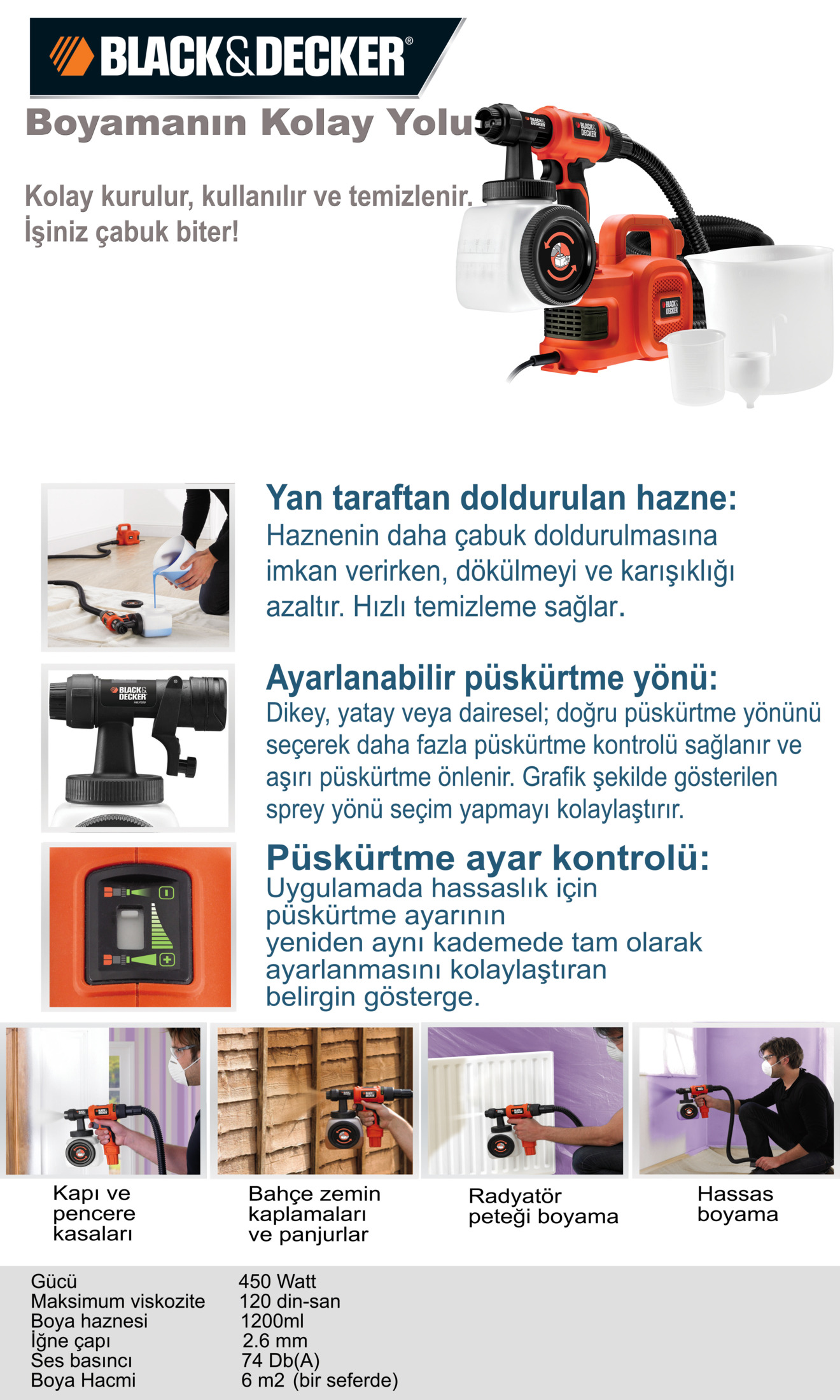Uno spruzzatore di vernice Black & Decker arancione e nero con vari accessori.