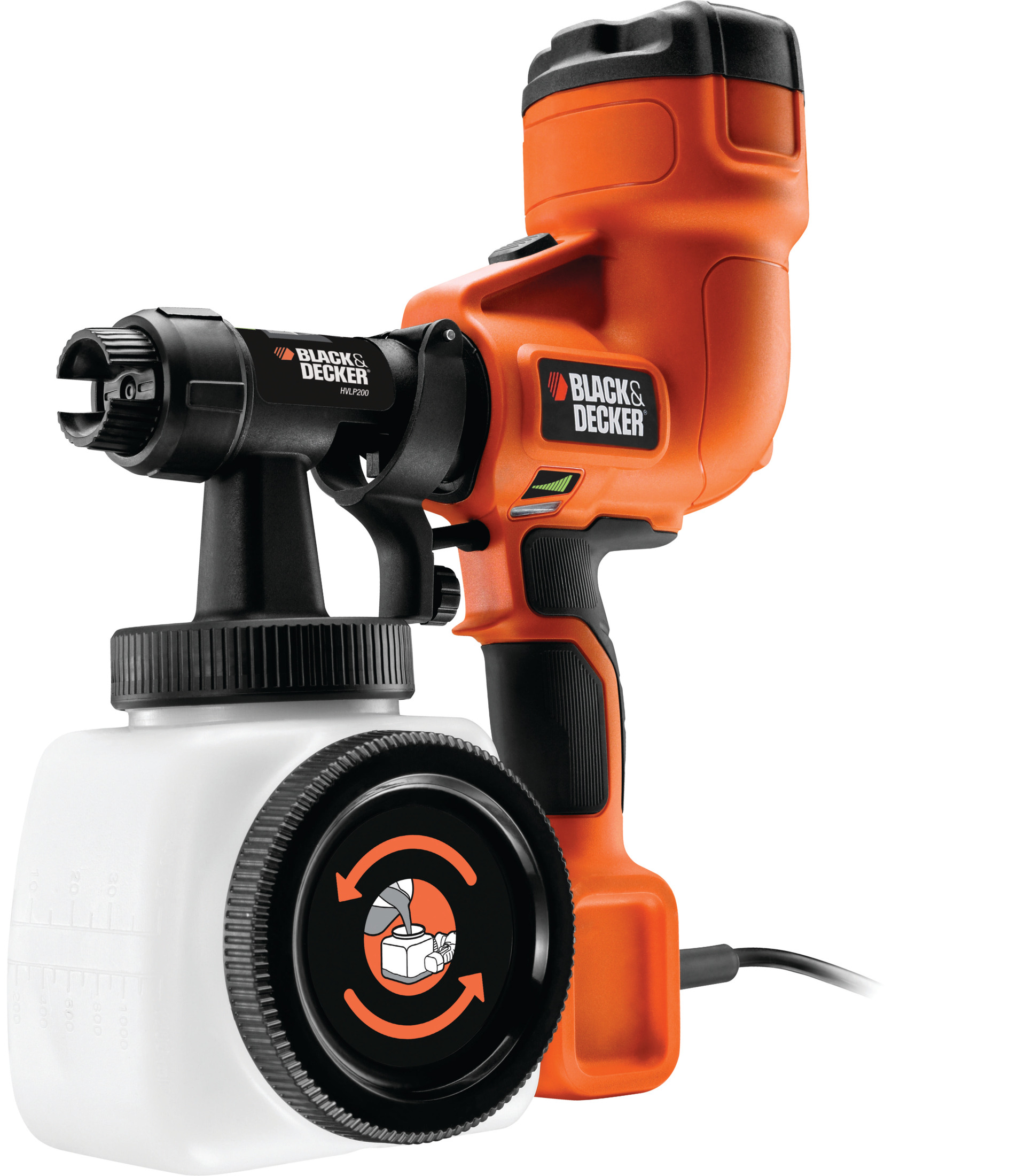 Uno spruzzatore di vernice Black & Decker arancione e nero con contenitore bianco.