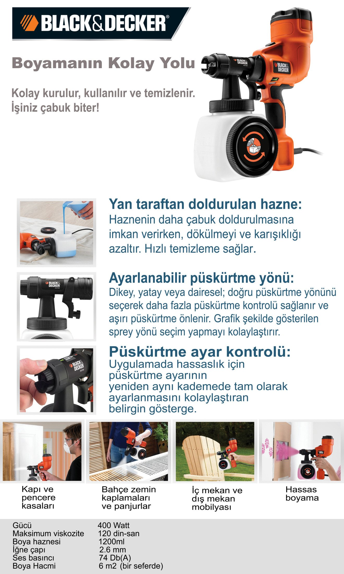 Uno spruzzatore di vernice elettrico Black & Decker arancione e nero con serbatoio bianco.