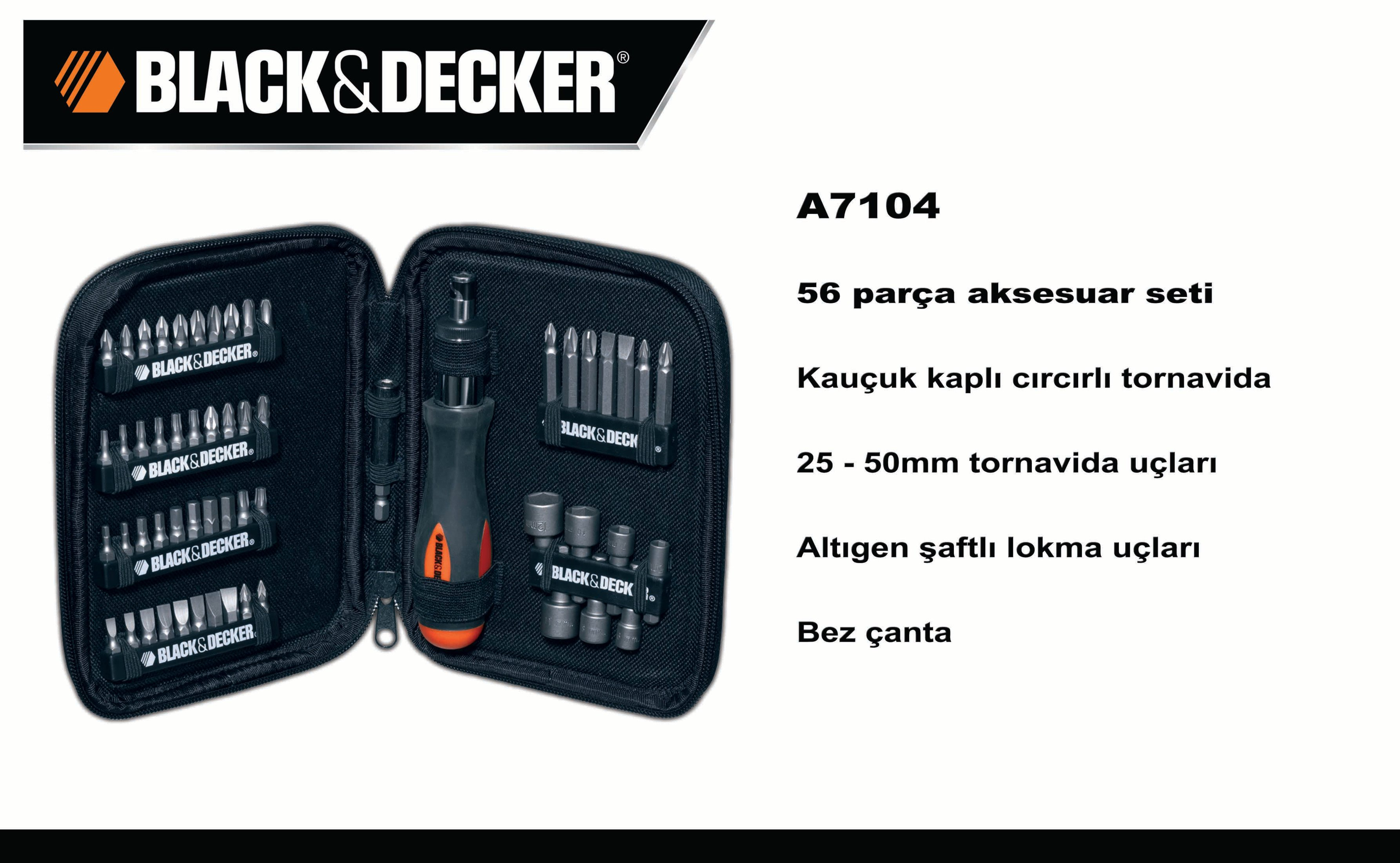 Black & Decker bitleri ve tornavidaları içeren siyah çanta.