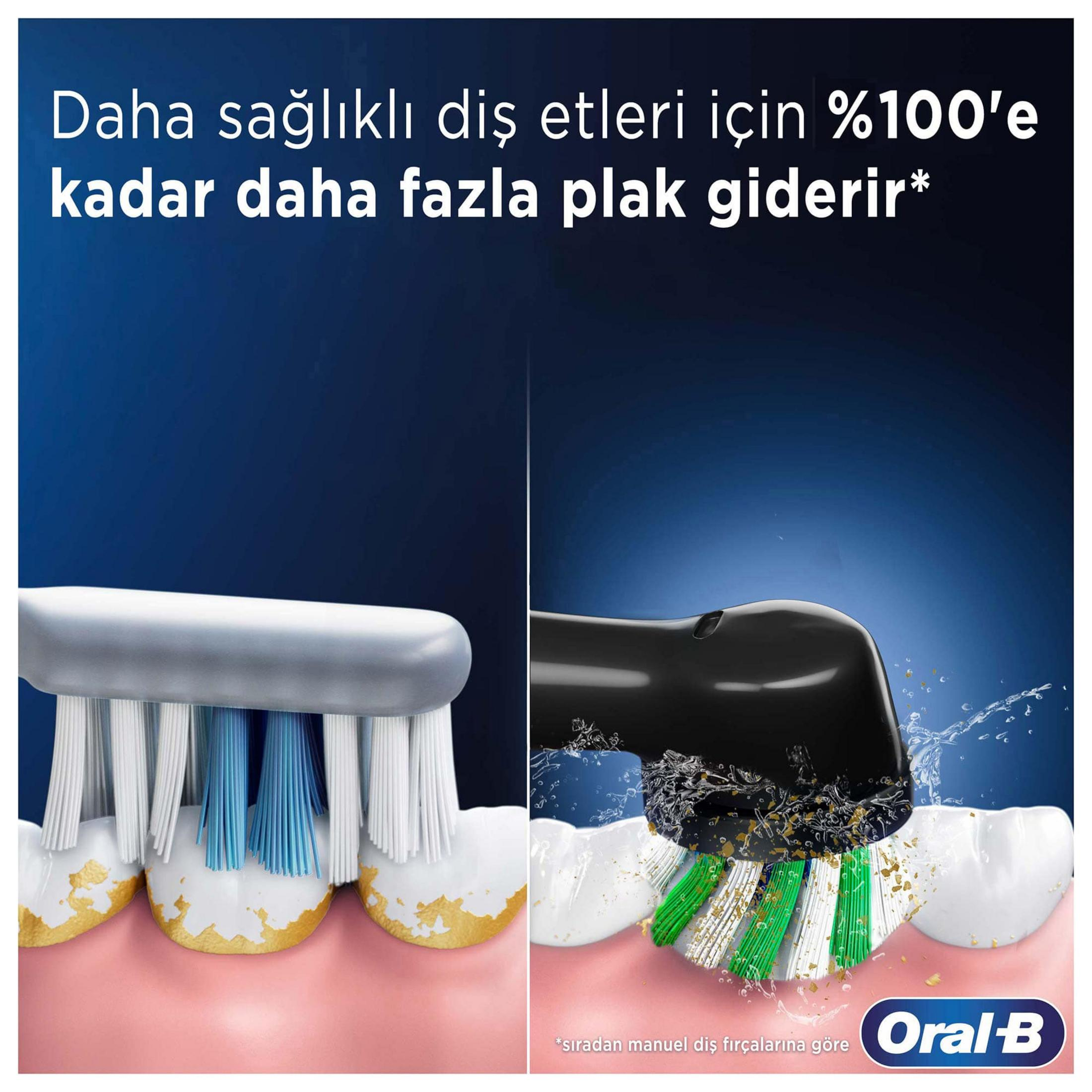 Un cabezal de cepillo de dientes eléctrico limpia dientes cubiertos de placa.