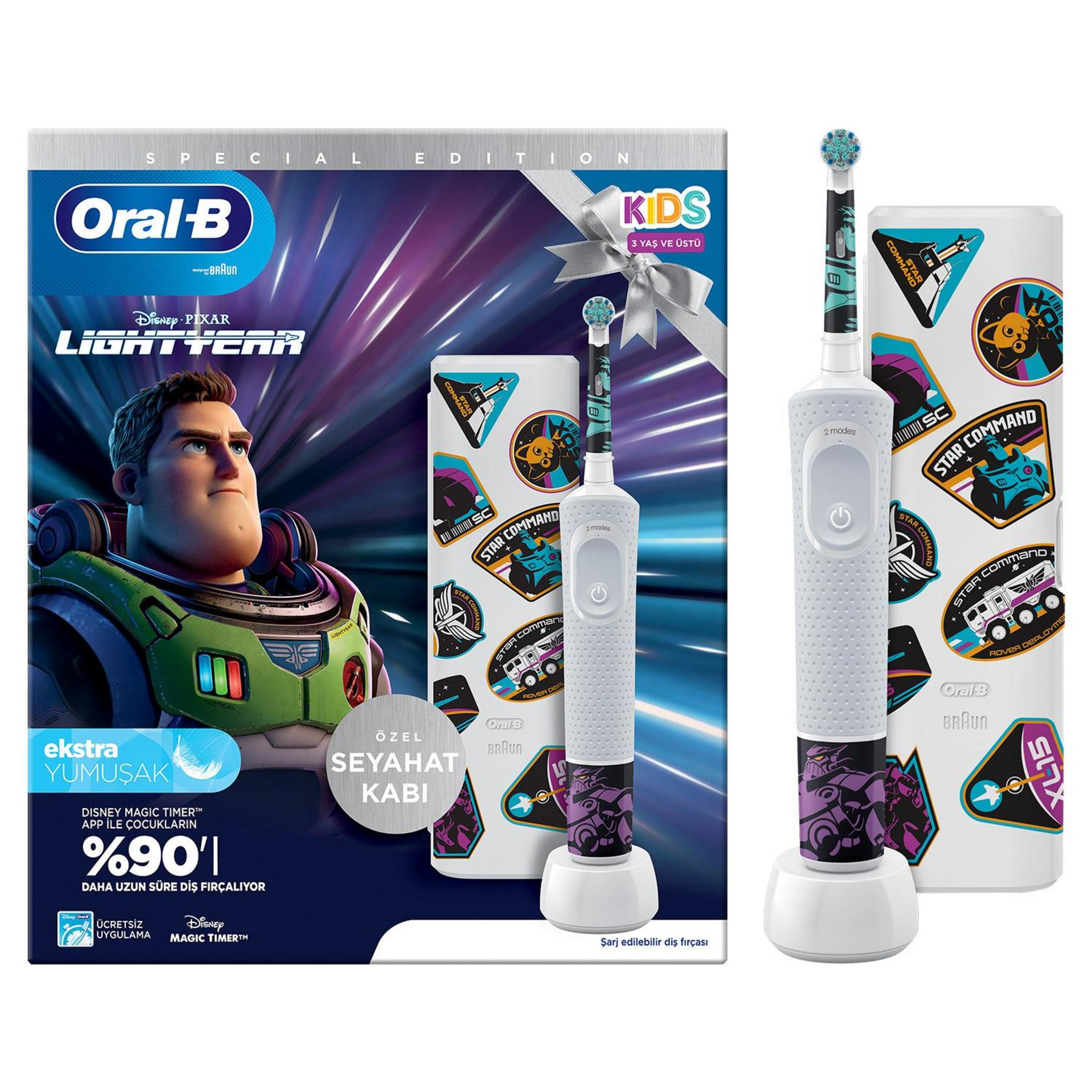 Oral-B çocuk elektrikli diş fırçası, Buzz Lightyear temalı, şarj standı ve aksesuarlar.