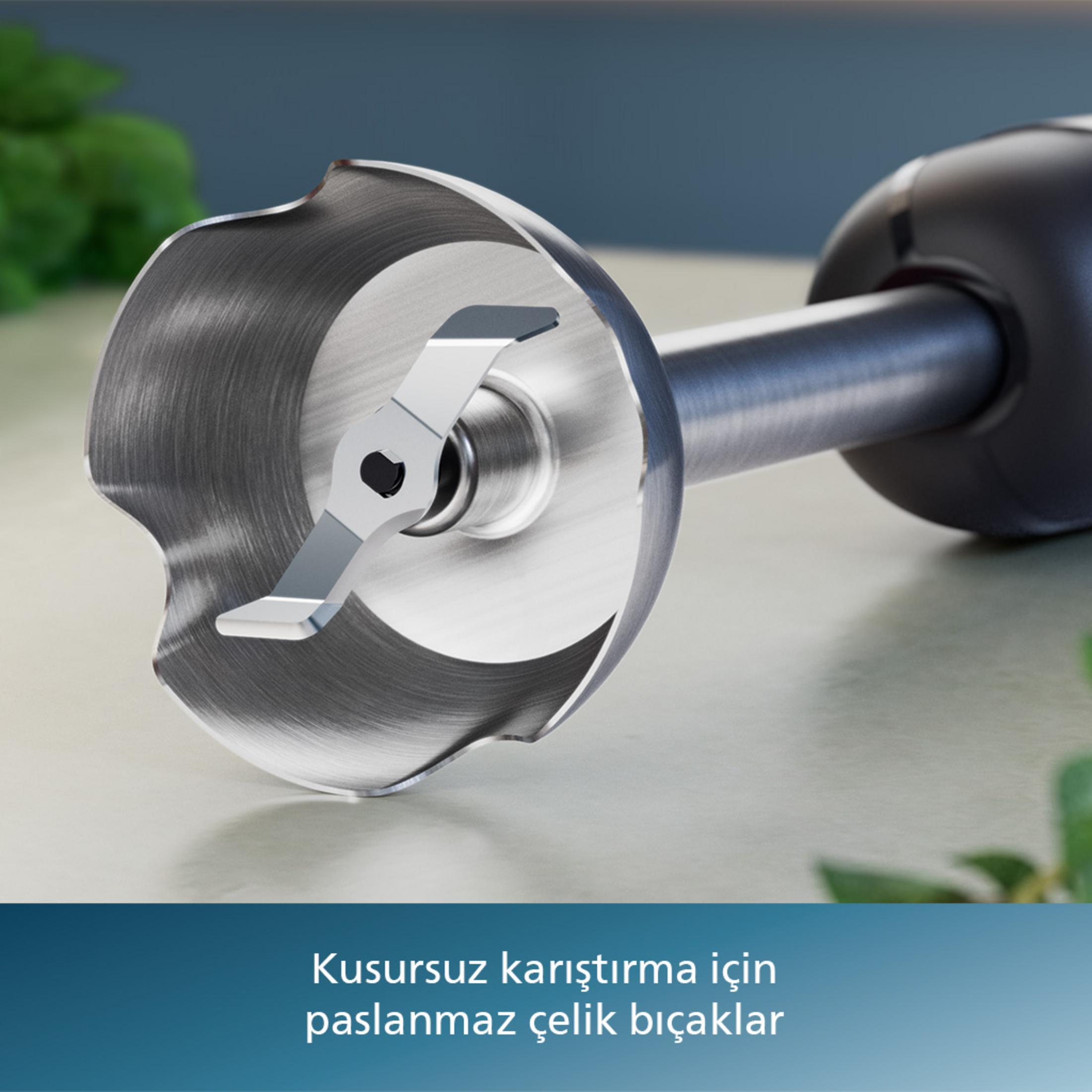 Masadaki paslanmaz çelik el blender bıçağının yakın çekimi, arkada bitkiler var.