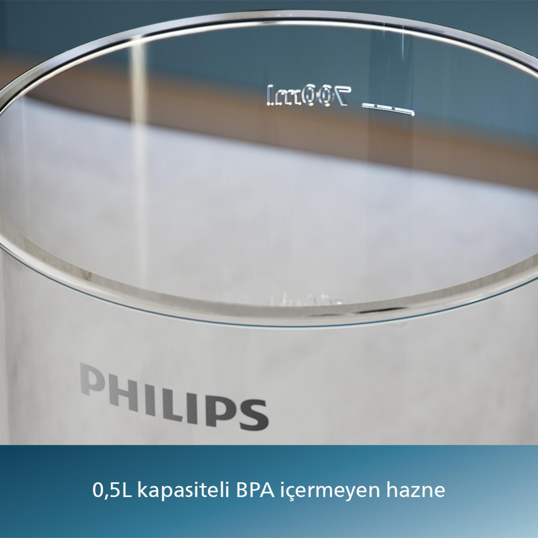 Philips logolu, 0,5L BPA'sız kapasite işaretli şeffaf hazne.