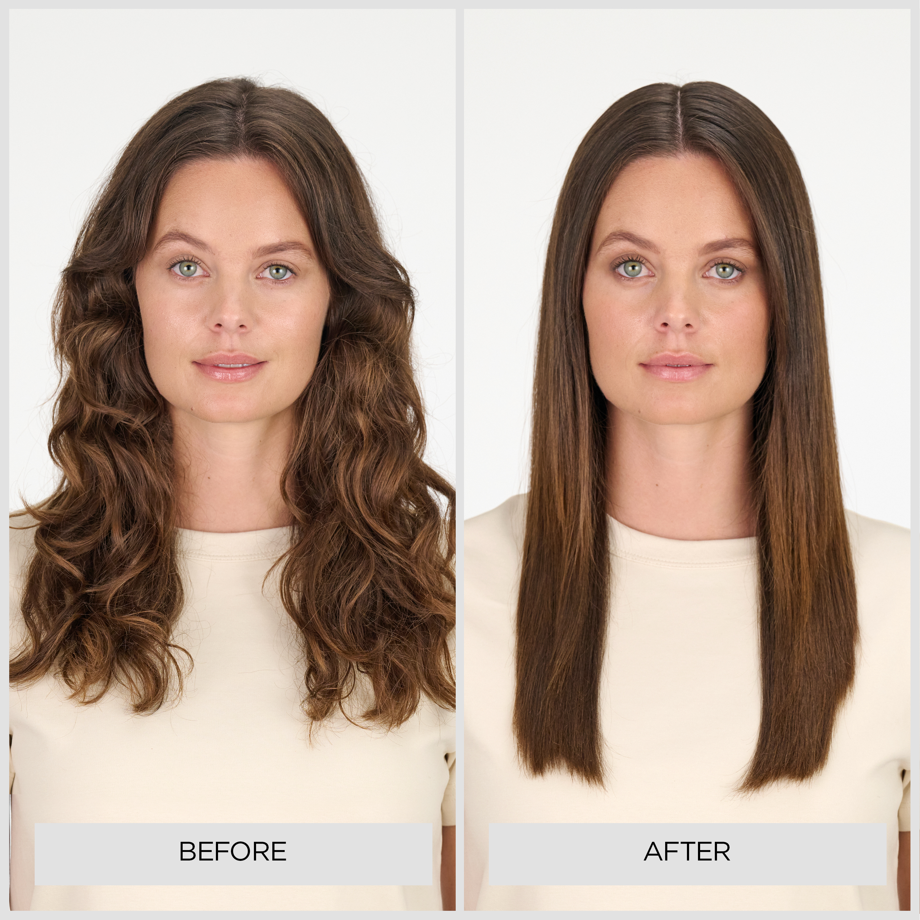 Before: frizzy brown hair. After: straight brown hair.