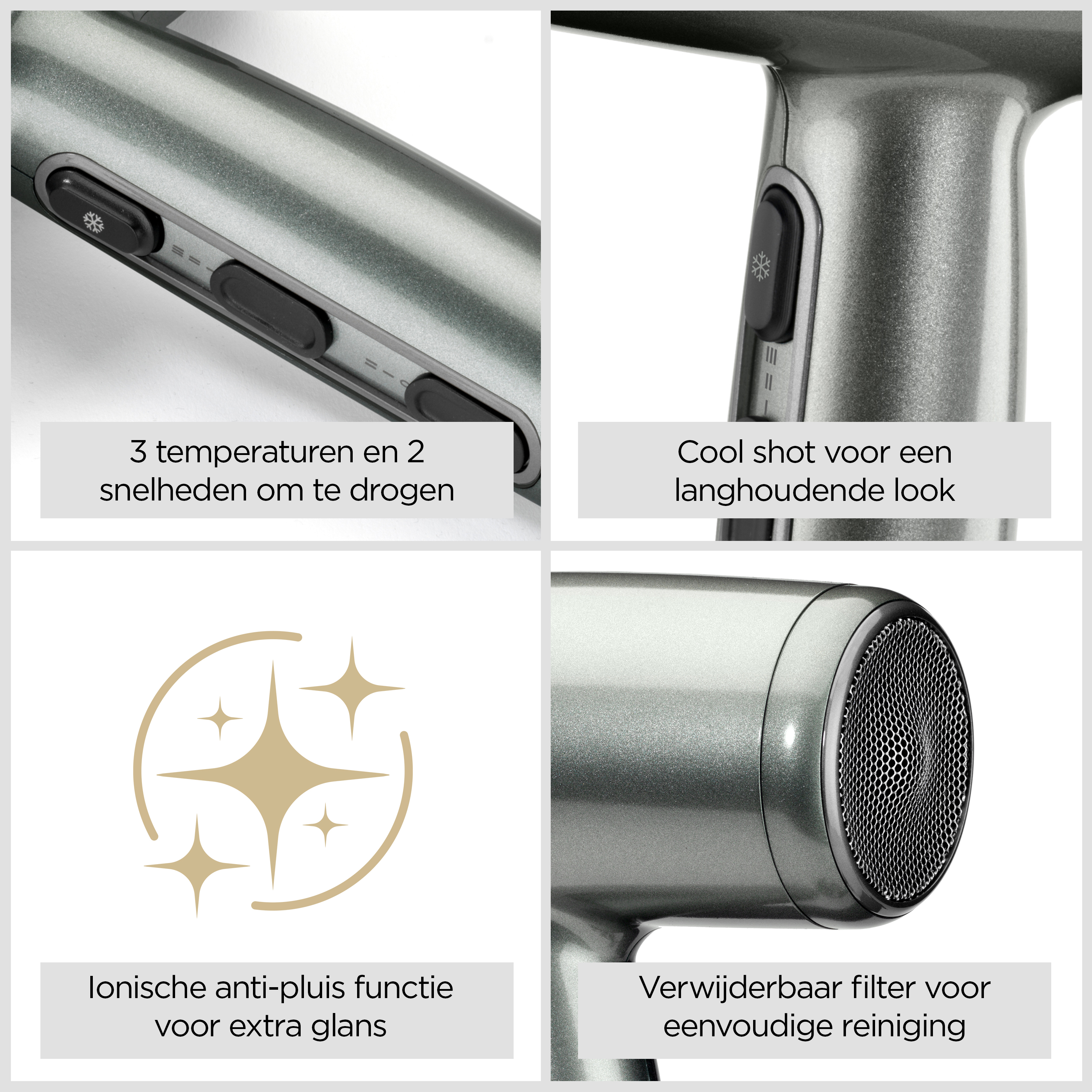 Haardroger met 3 temperatuur- en 2 snelheidsinstellingen, cool shot, ionische anti-pluis en afneembaar filter.