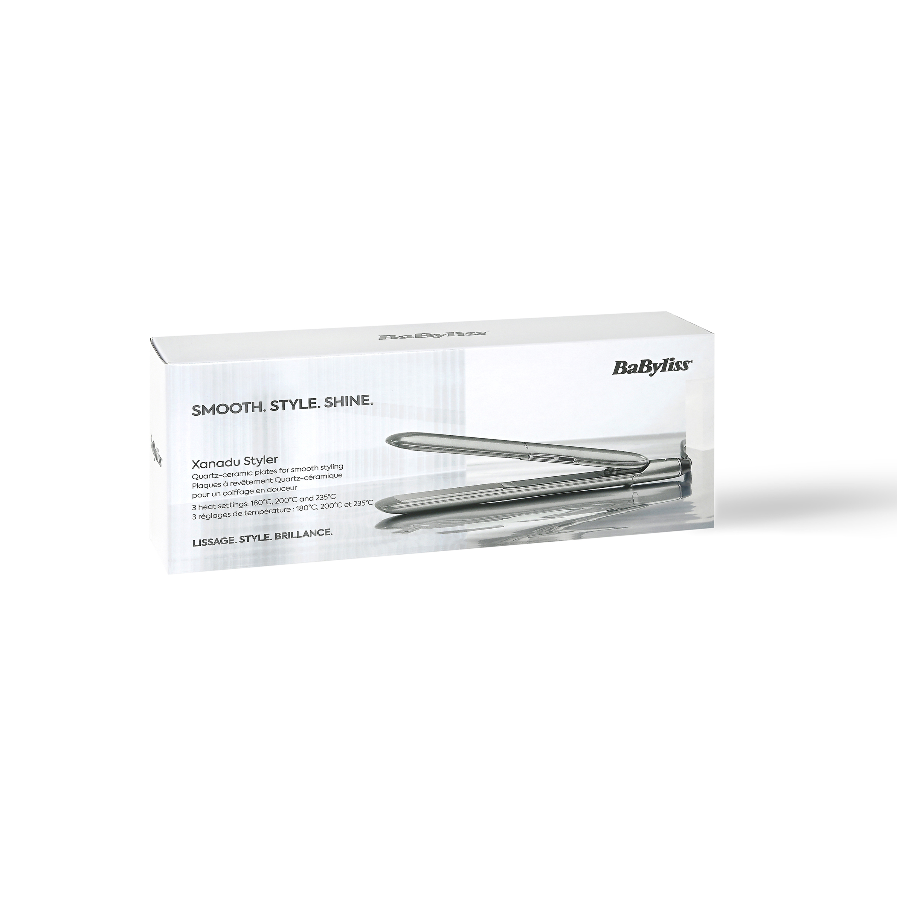 Packaging for a BaByliss hair straightener with image and text.
