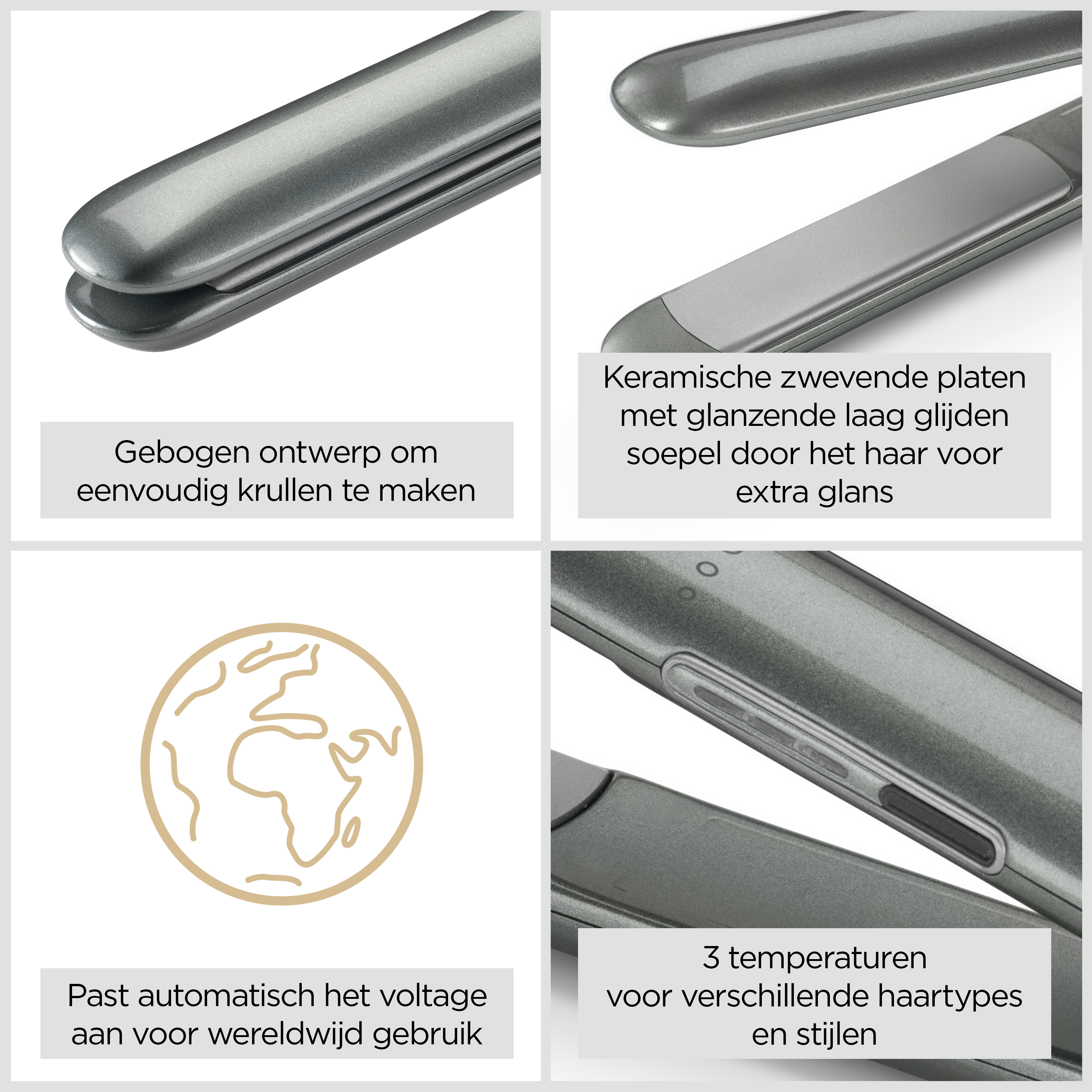 Hair straightener with curved design, ceramic plates, worldwide voltage, and 3 temperature settings.